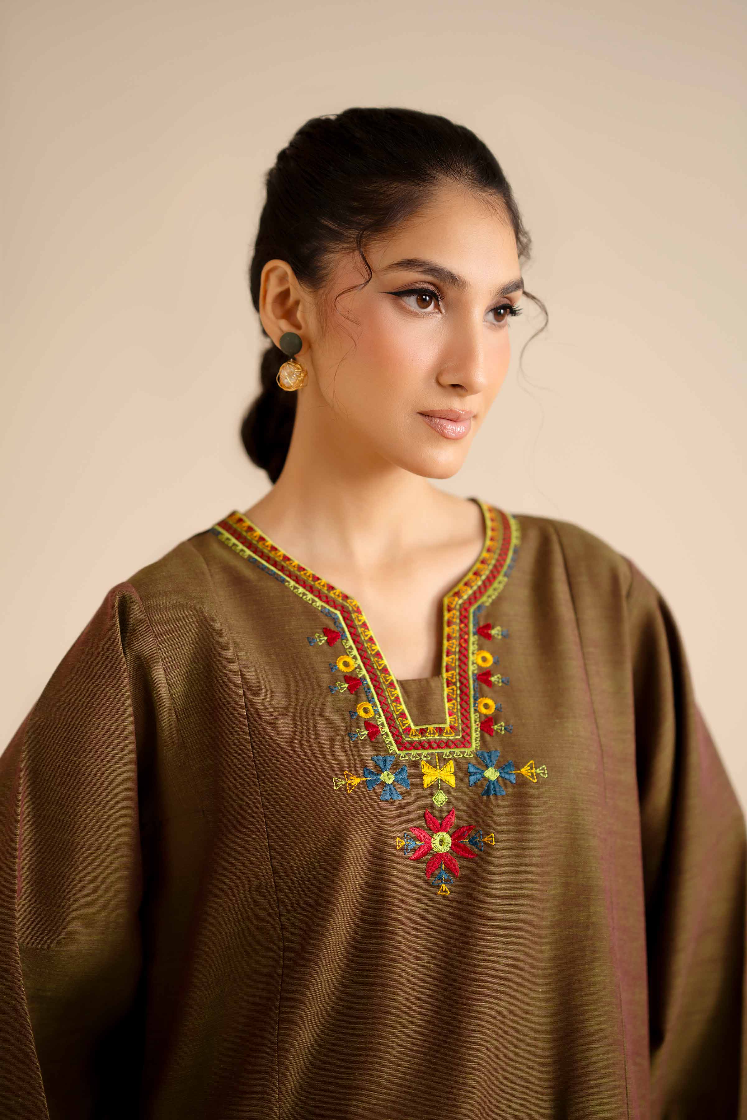 NISHATUAE - Brown Embroidered Khaddar Ready to wear Shirt