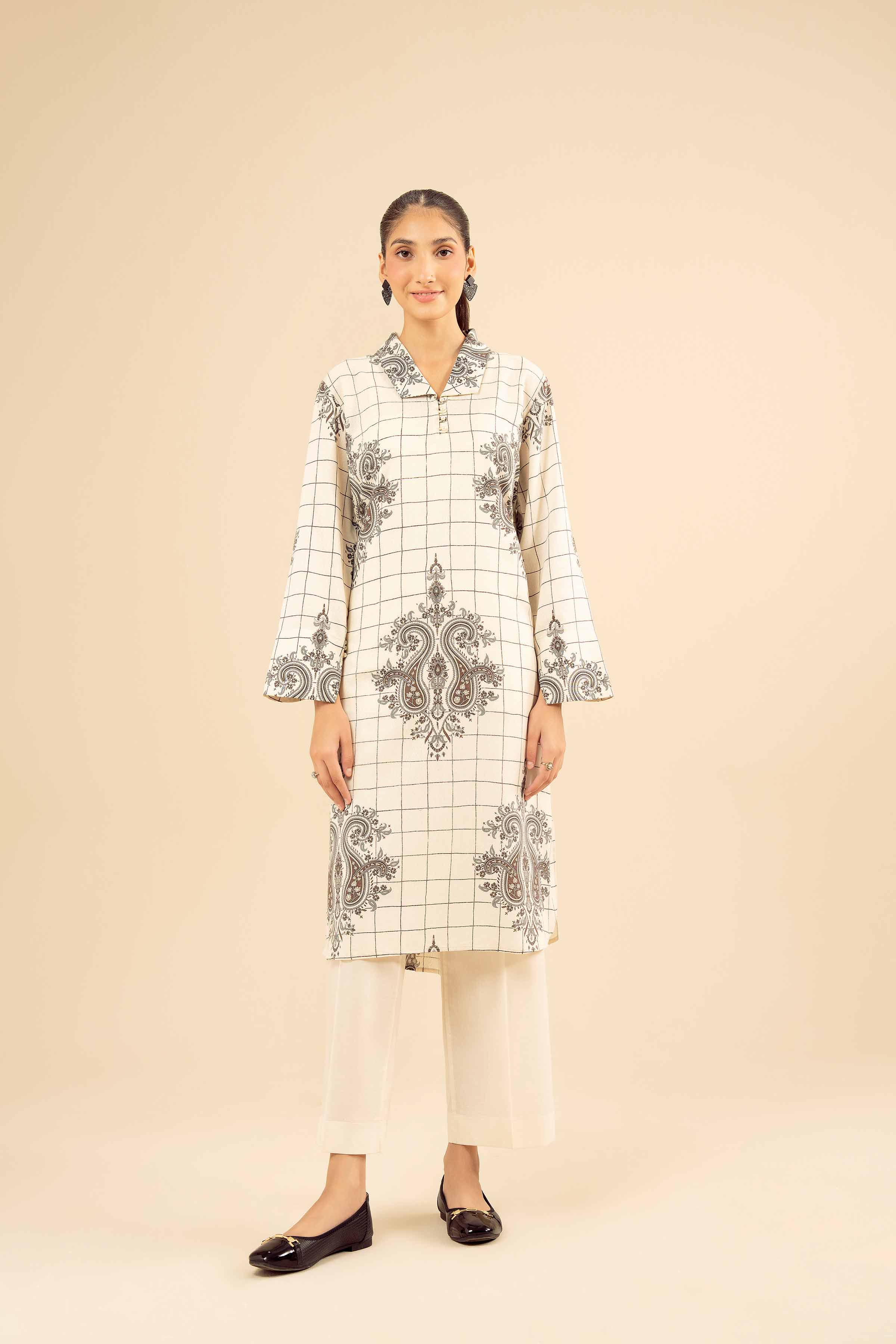 NISHATUAE - Off White Solids Karandi Ready to wear Shirt