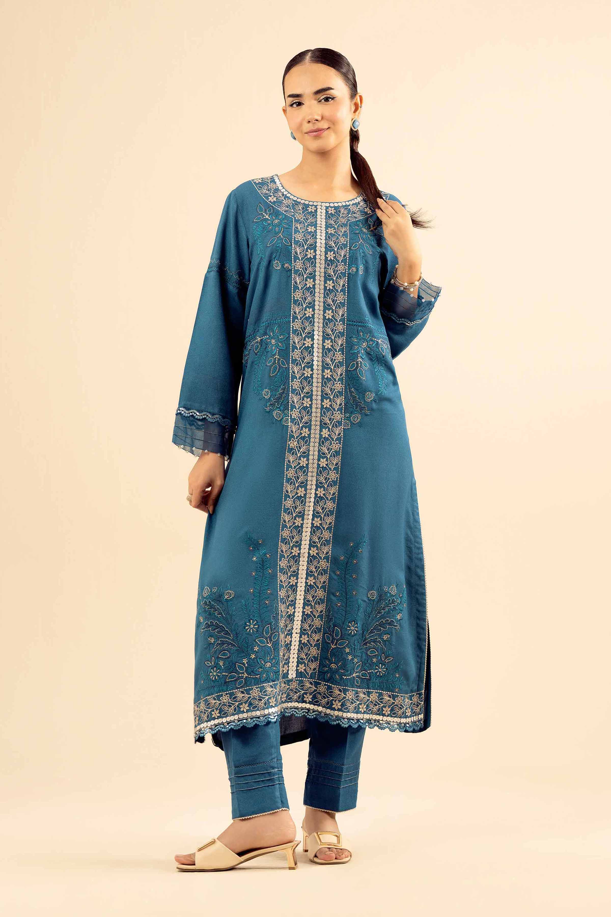 NISHATUAE - Blue Embroidered Slub 2-piece Ready to wear Dress