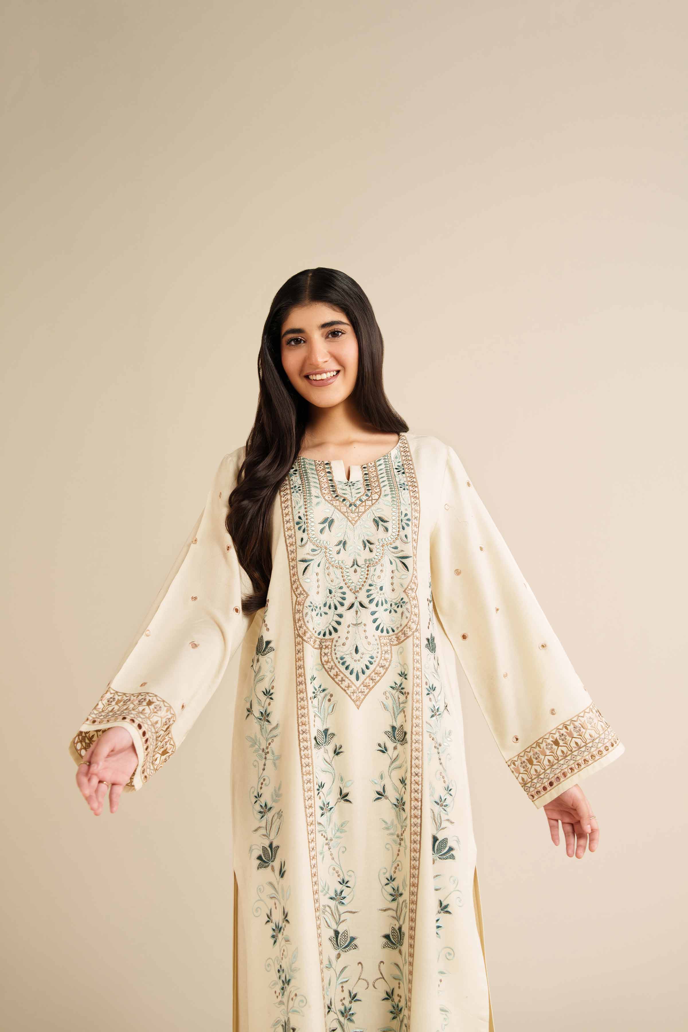 NISHATUAE - Off White Embroidered Glitter Slub 2-piece Ready to wear Dress