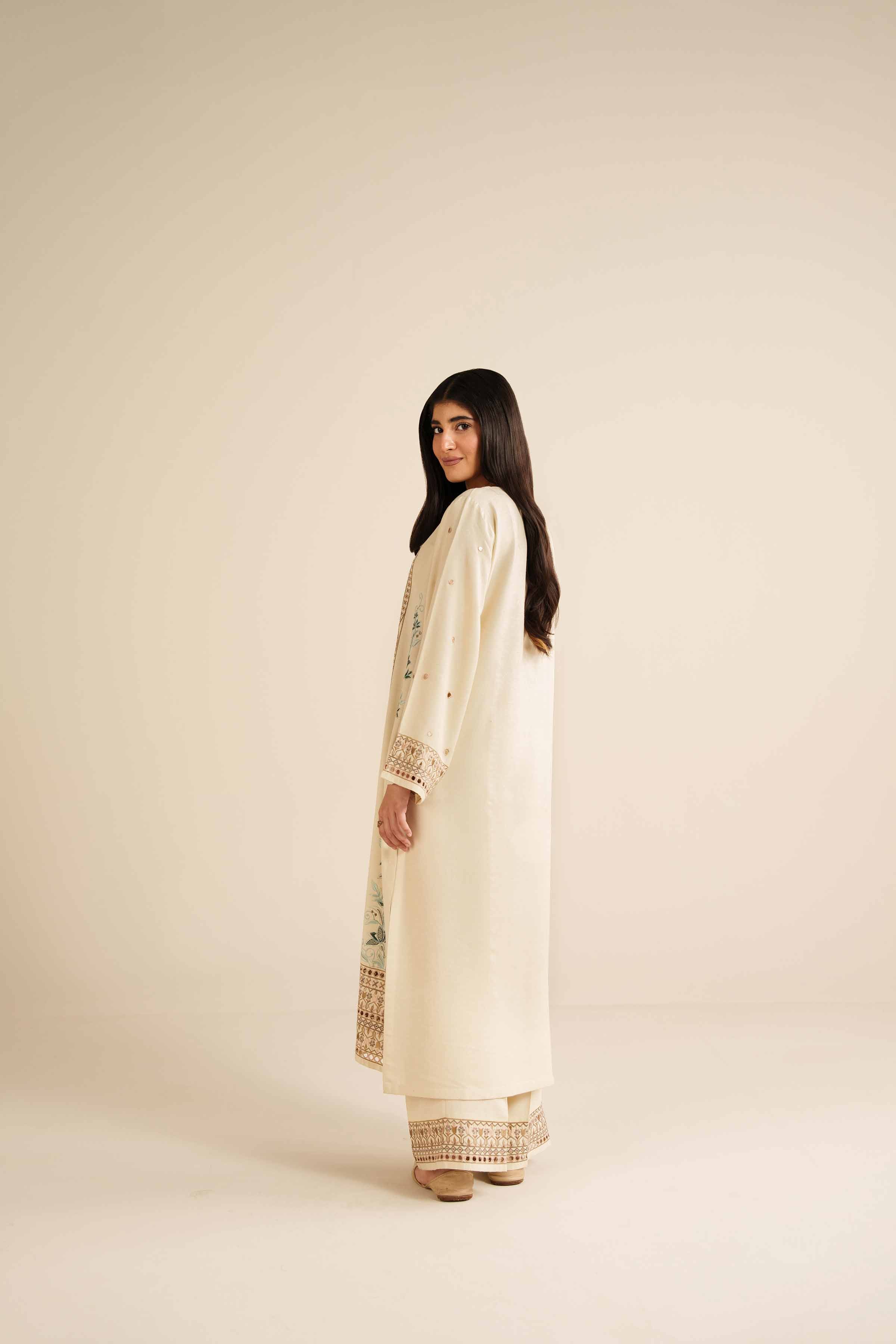 NISHATUAE - Off White Embroidered Glitter Slub 2-piece Ready to wear Dress