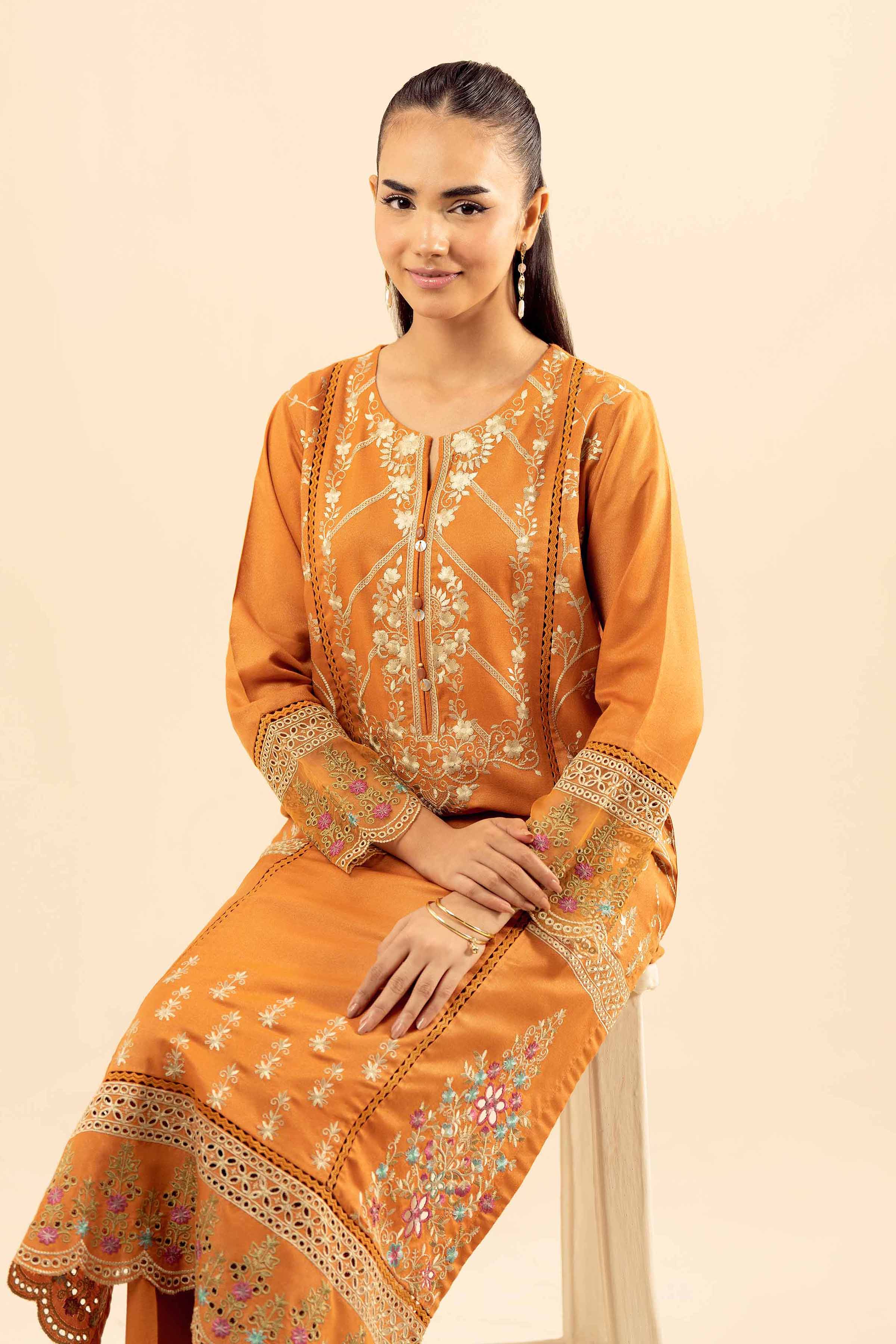NISHATUAE - Yellow Embroidered Slub 2-piece Ready to wear Dress