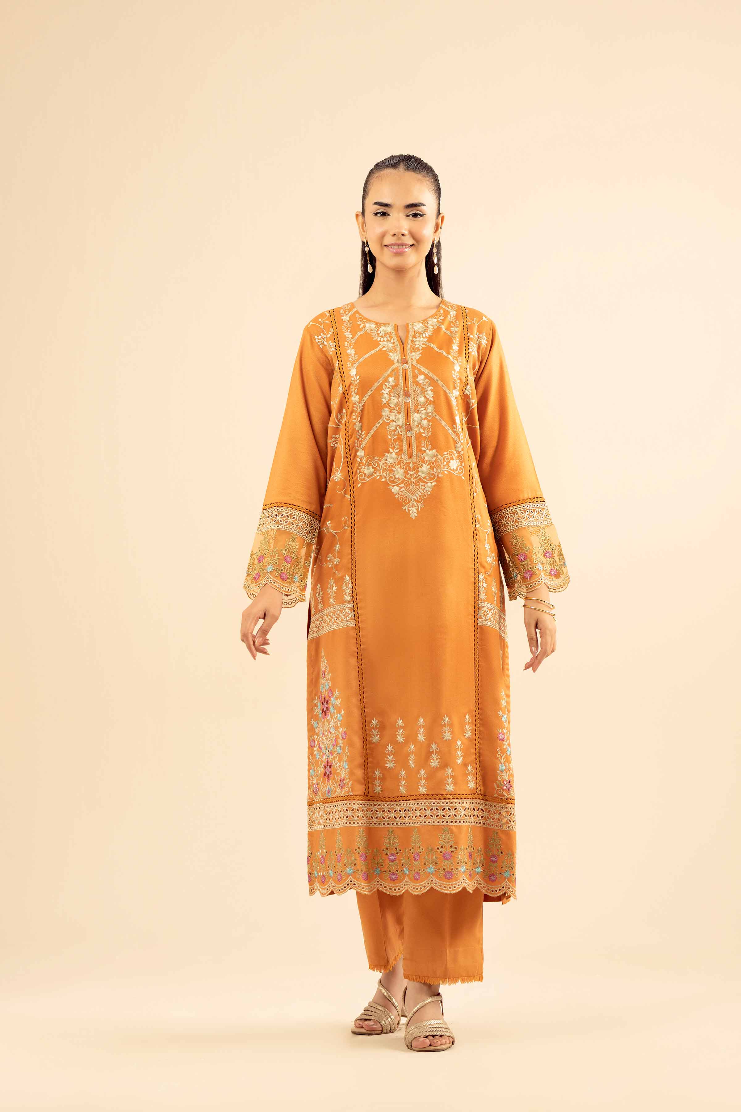 NISHATUAE - Yellow Embroidered Slub 2-piece Ready to wear Dress