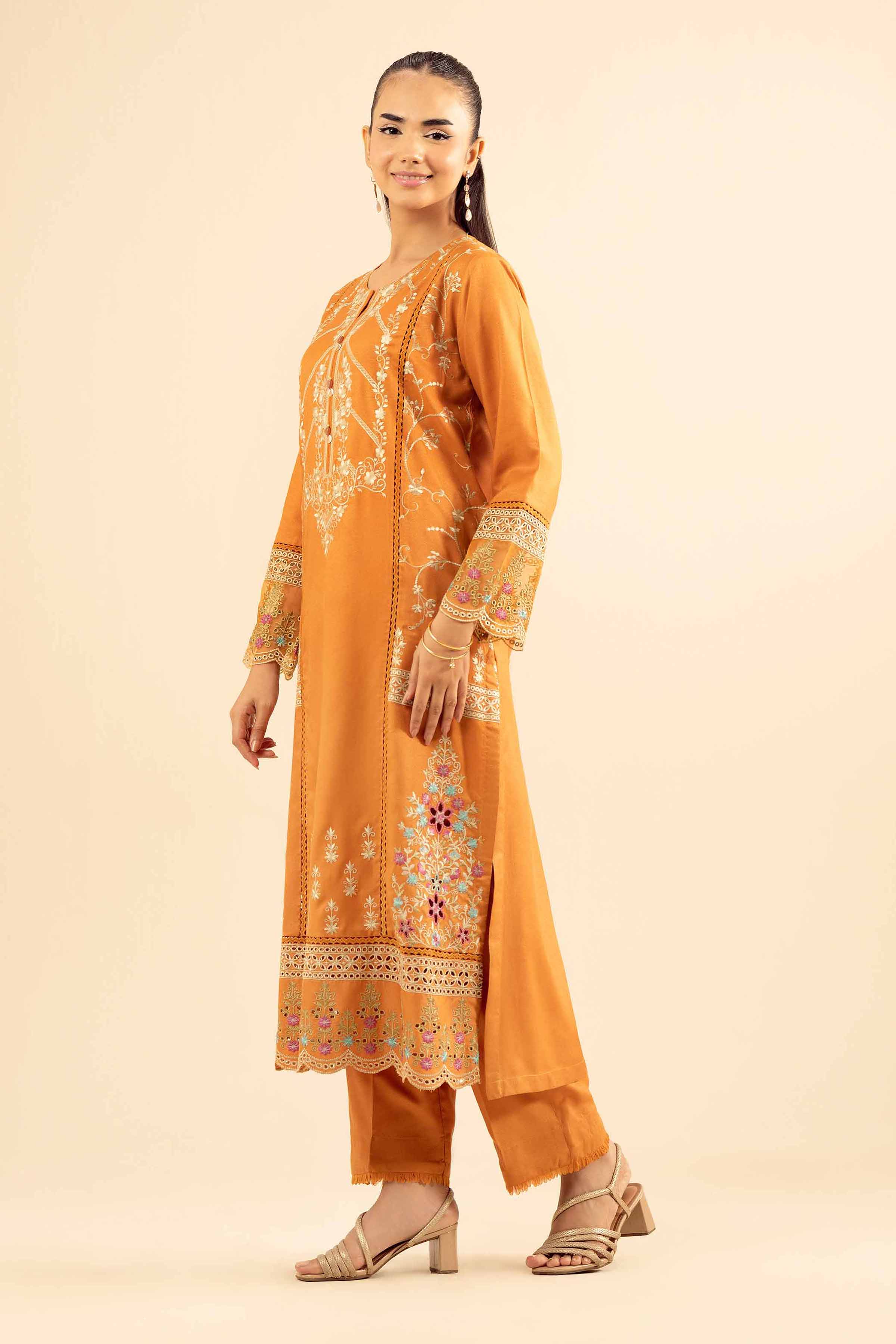 NISHATUAE - Yellow Embroidered Slub 2-piece Ready to wear Dress