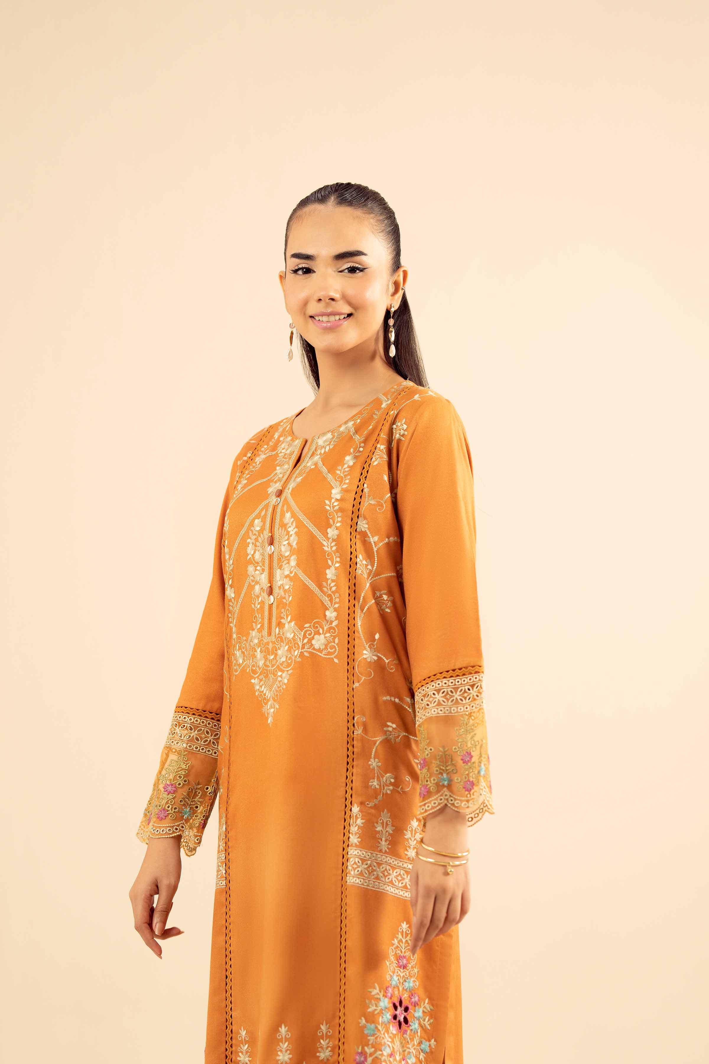 NISHATUAE - Yellow Embroidered Slub 2-piece Ready to wear Dress