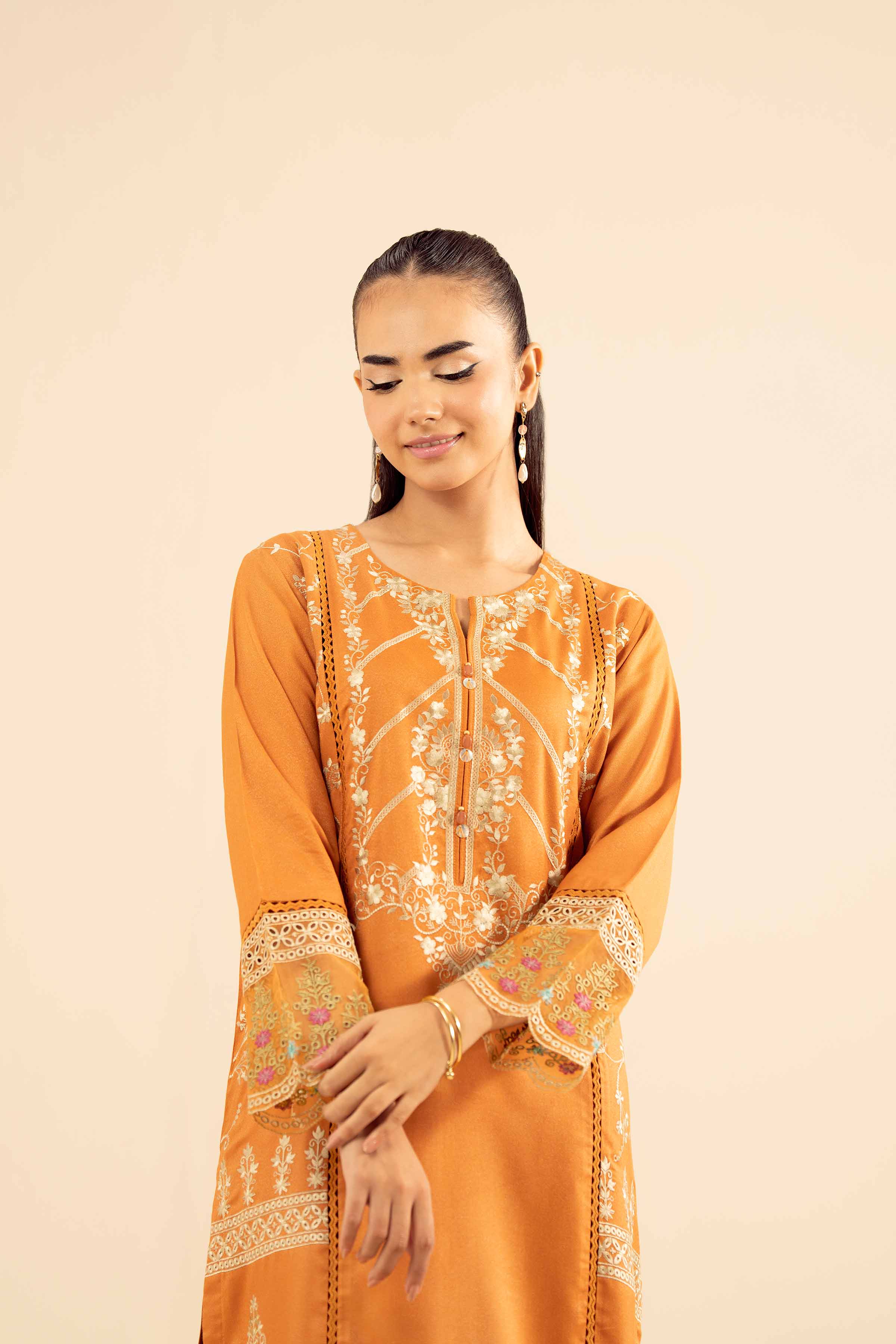 NISHATUAE - Yellow Embroidered Slub 2-piece Ready to wear Dress