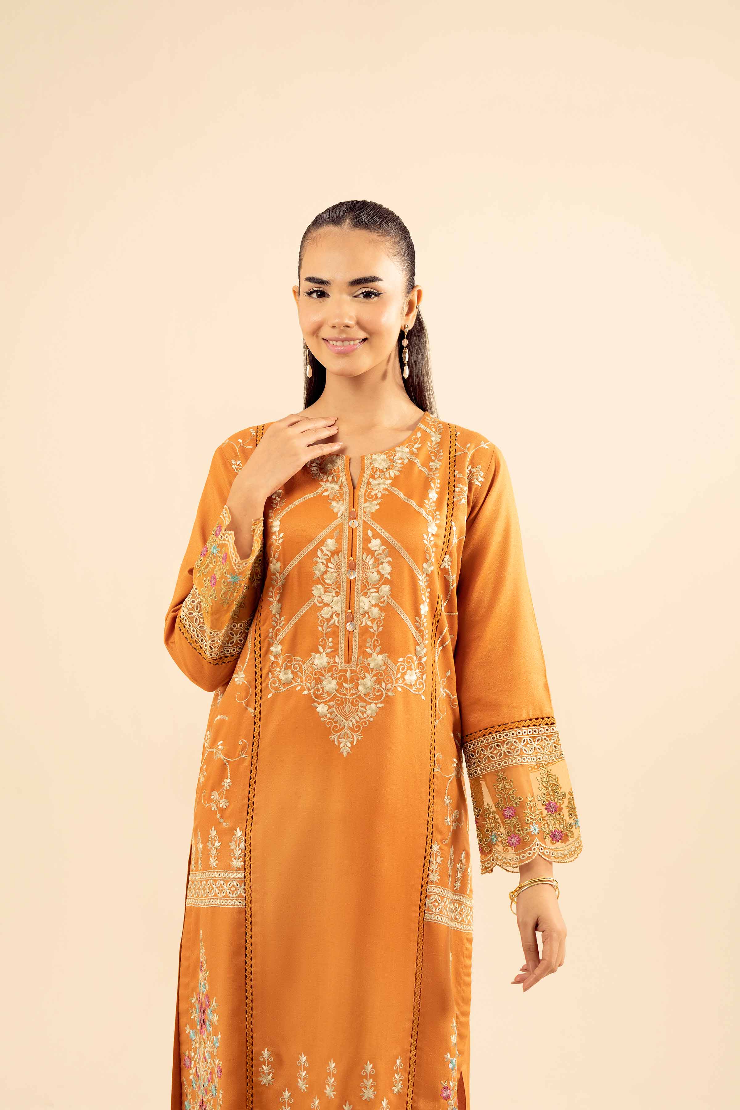 NISHATUAE - Yellow Embroidered Slub 2-piece Ready to wear Dress