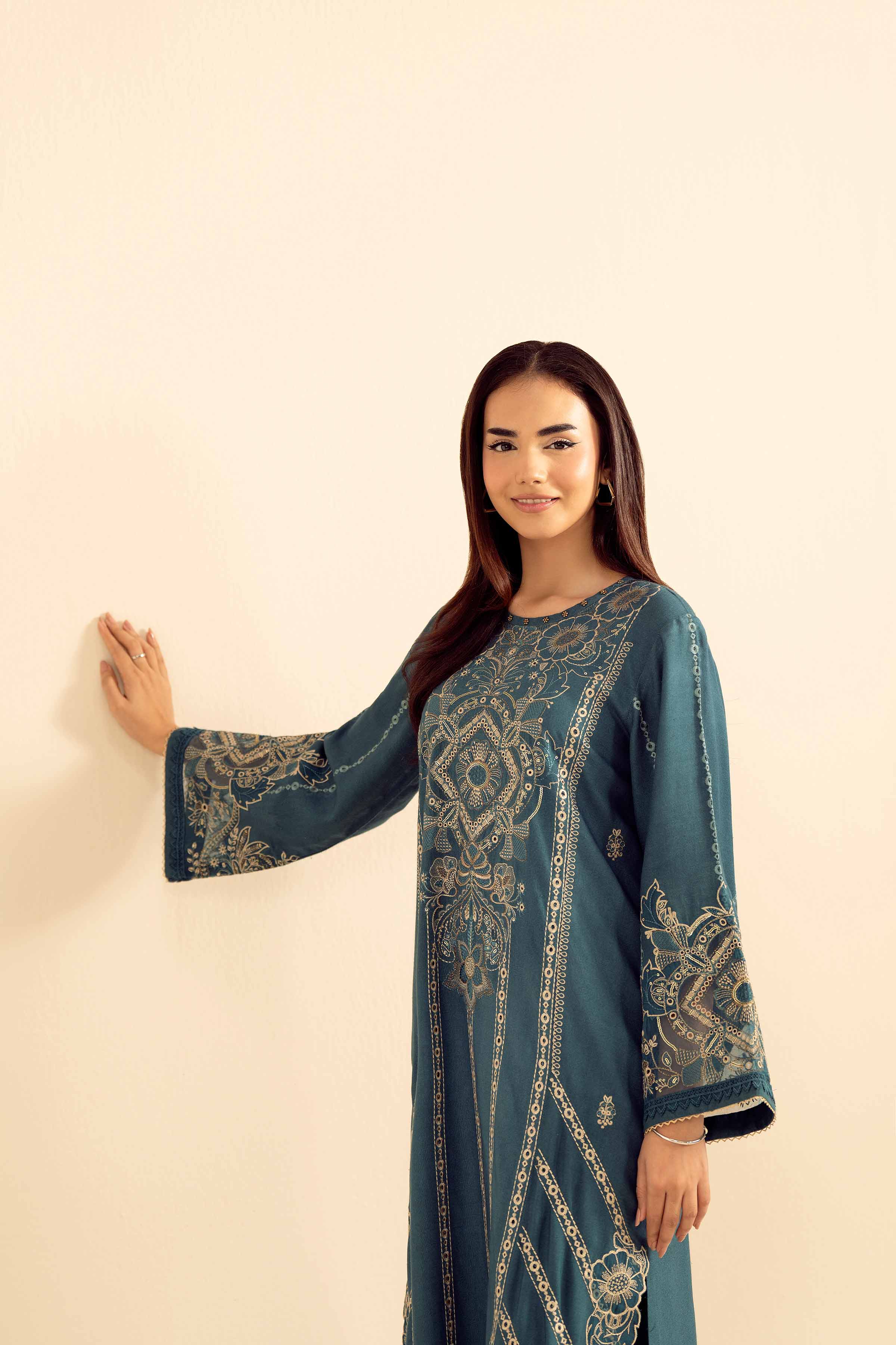 NISHATUAE - Blue Embroidered Slub 2-piece Ready to wear Dress