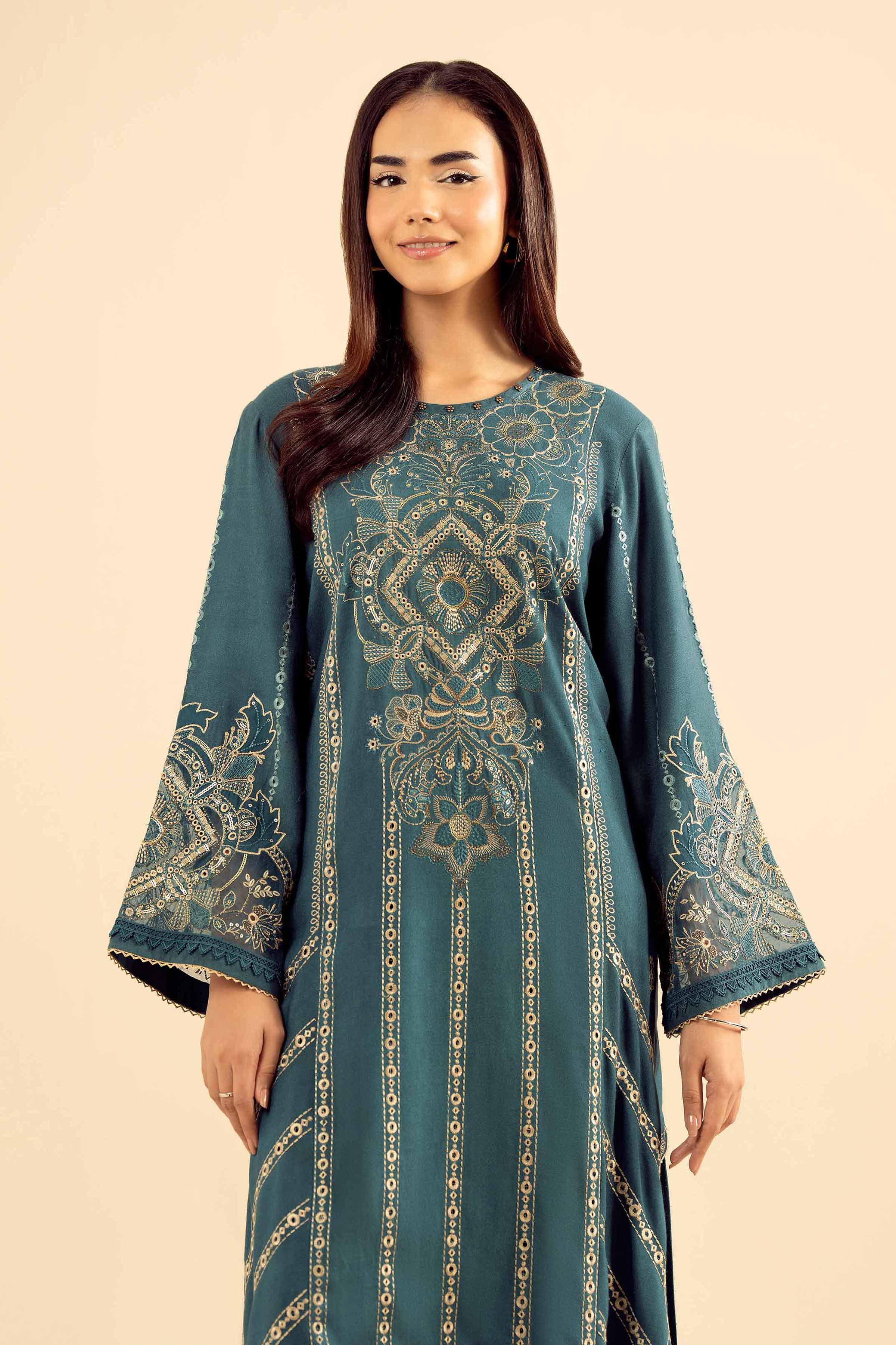 NISHATUAE - Blue Embroidered Slub 2-piece Ready to wear Dress