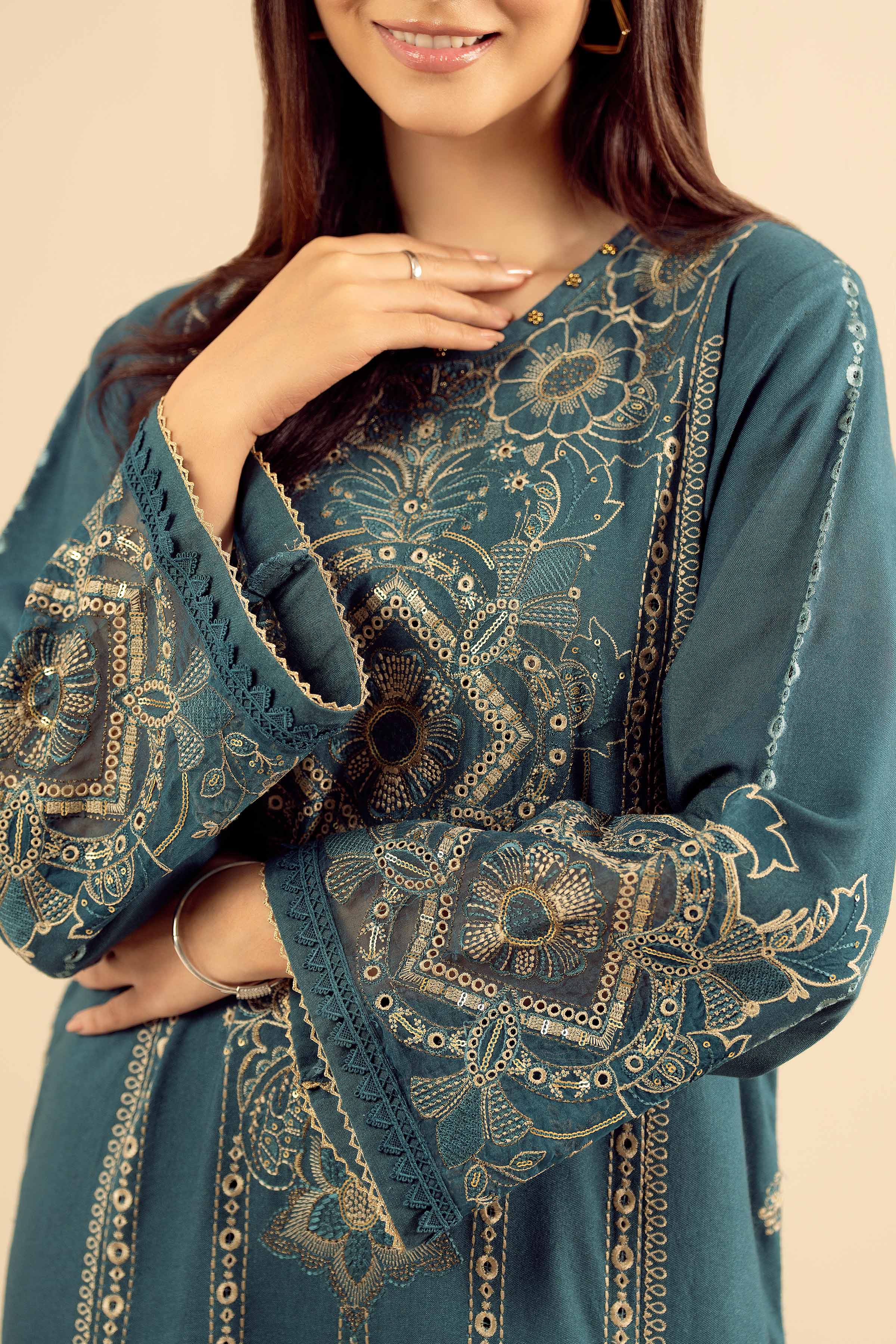 NISHATUAE - Blue Embroidered Slub 2-piece Ready to wear Dress