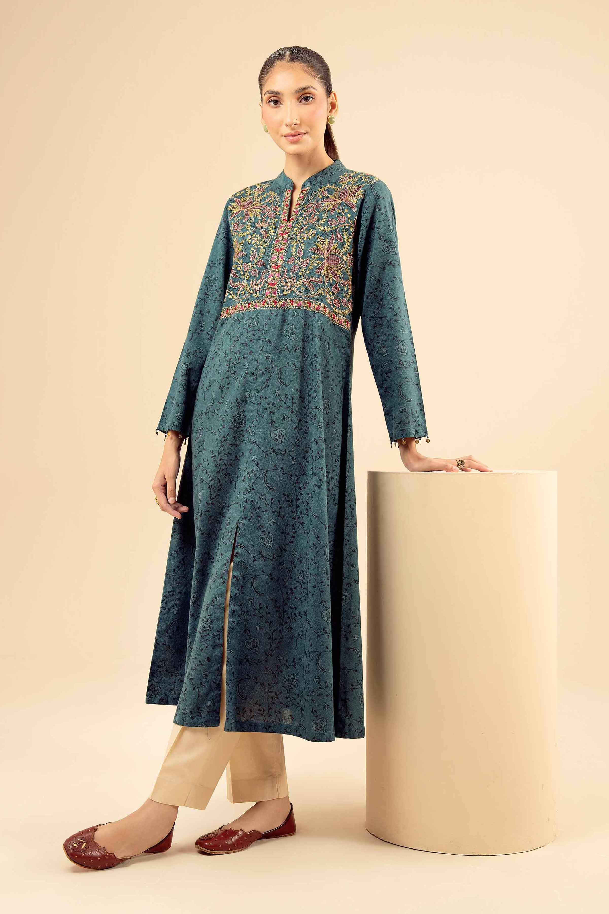 NISHATUAE - Green Embroidered Karandi Ready to wear Shirt