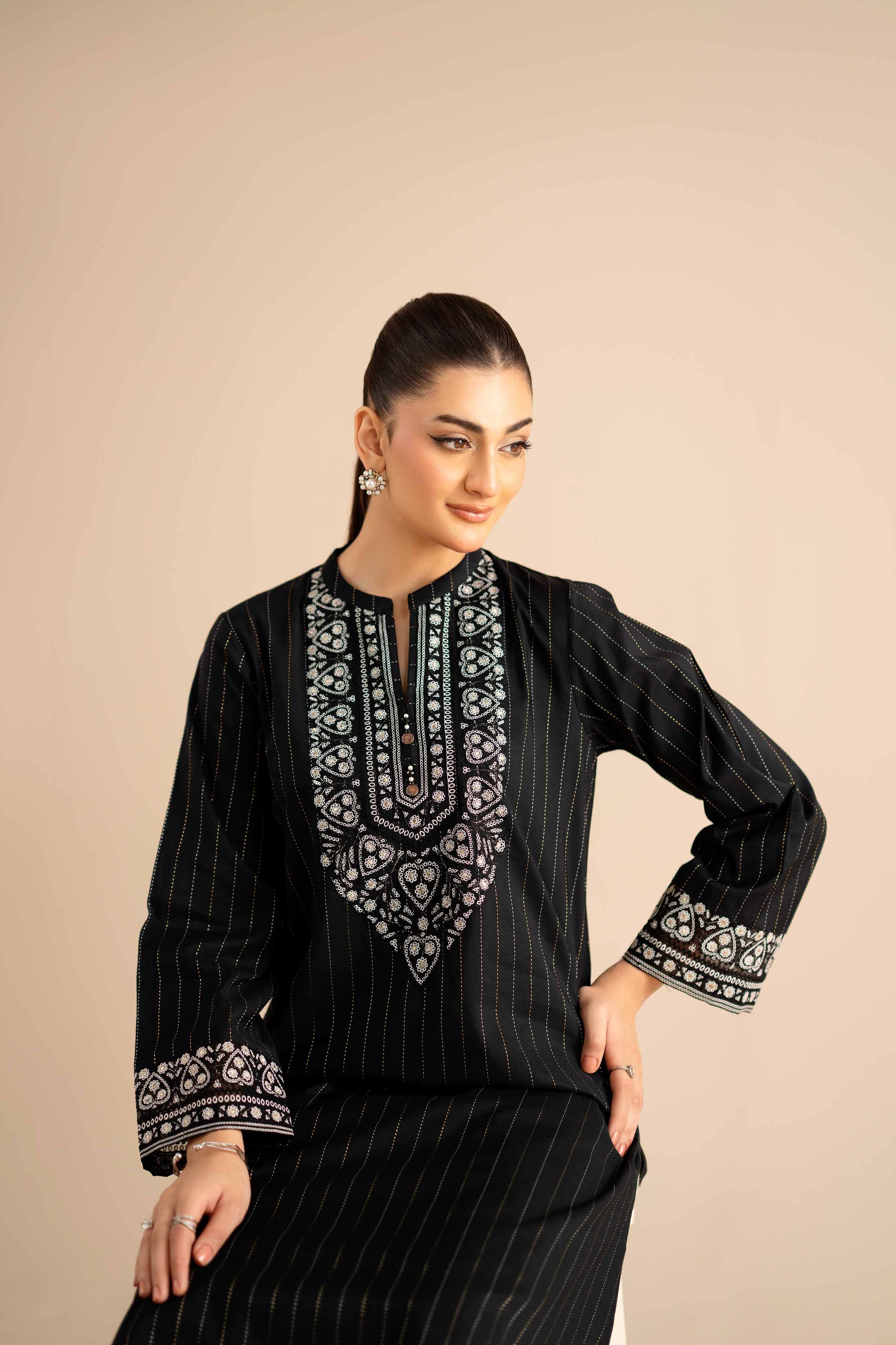 NISHATUAE - Black Embroidered Silk Ready to wear Shirt