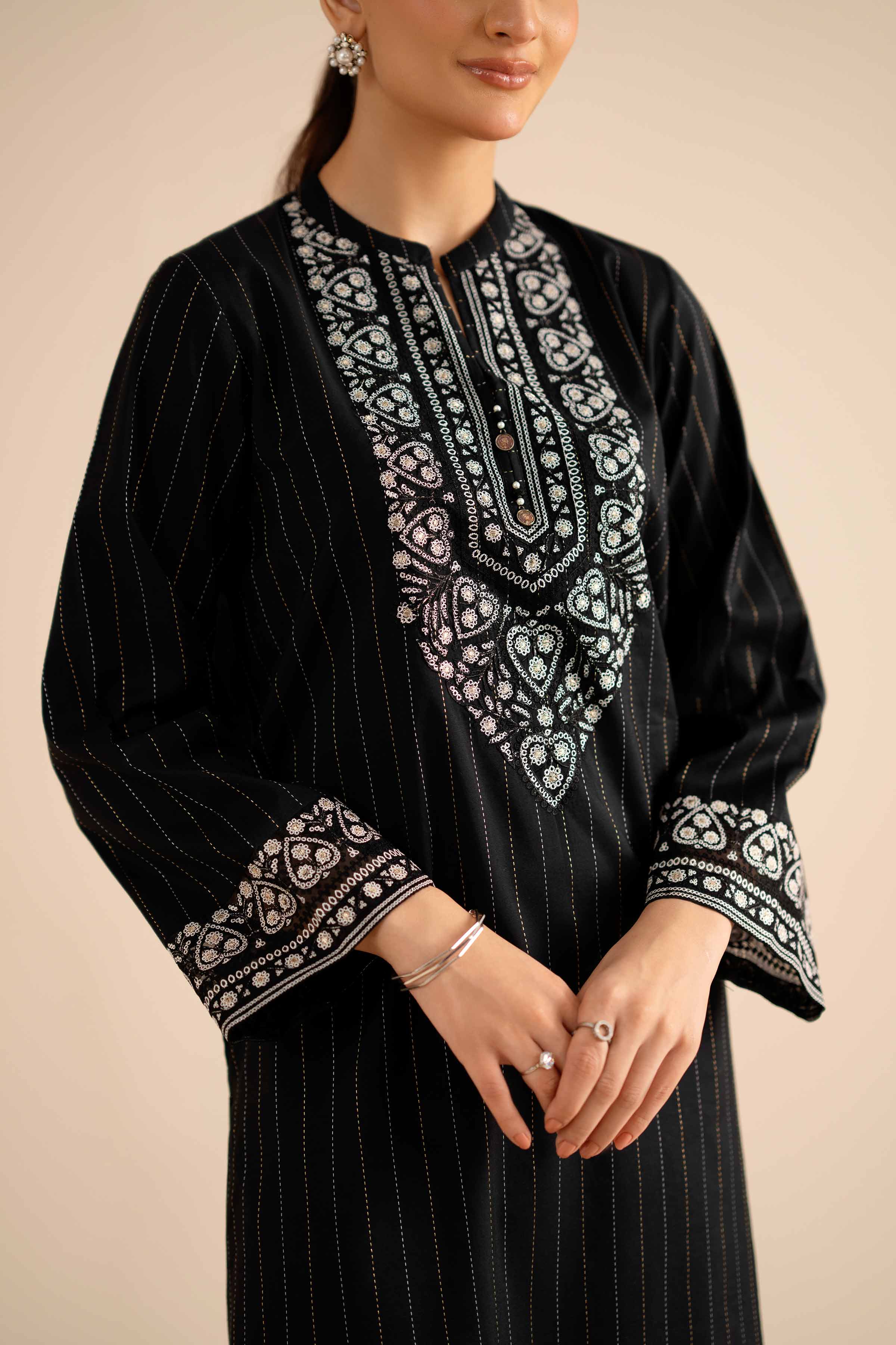 NISHATUAE - Black Embroidered Silk Ready to wear Shirt