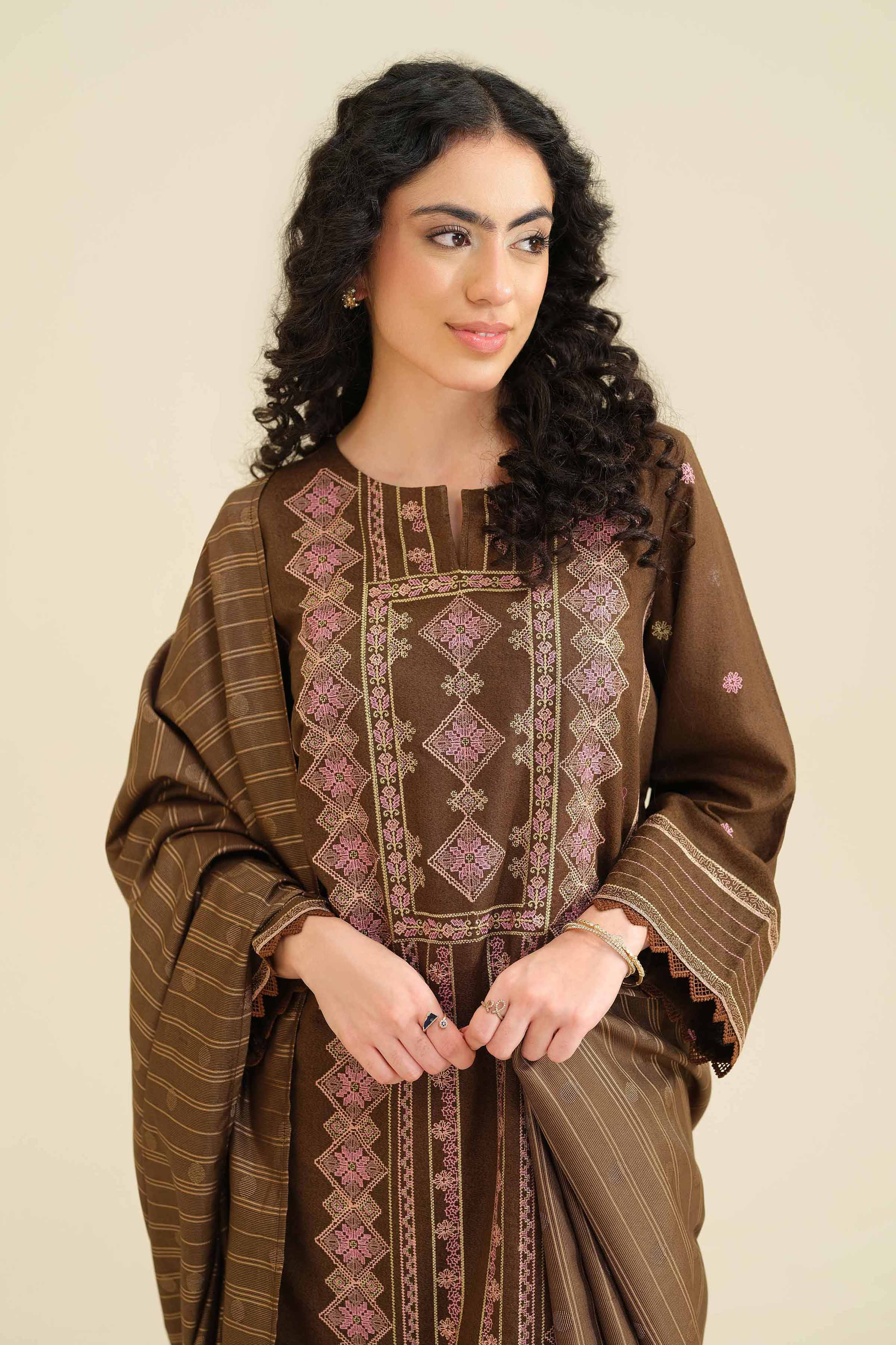 NISHATUAE - Brown Embroidered Karandi 3-piece Ready to wear Suit