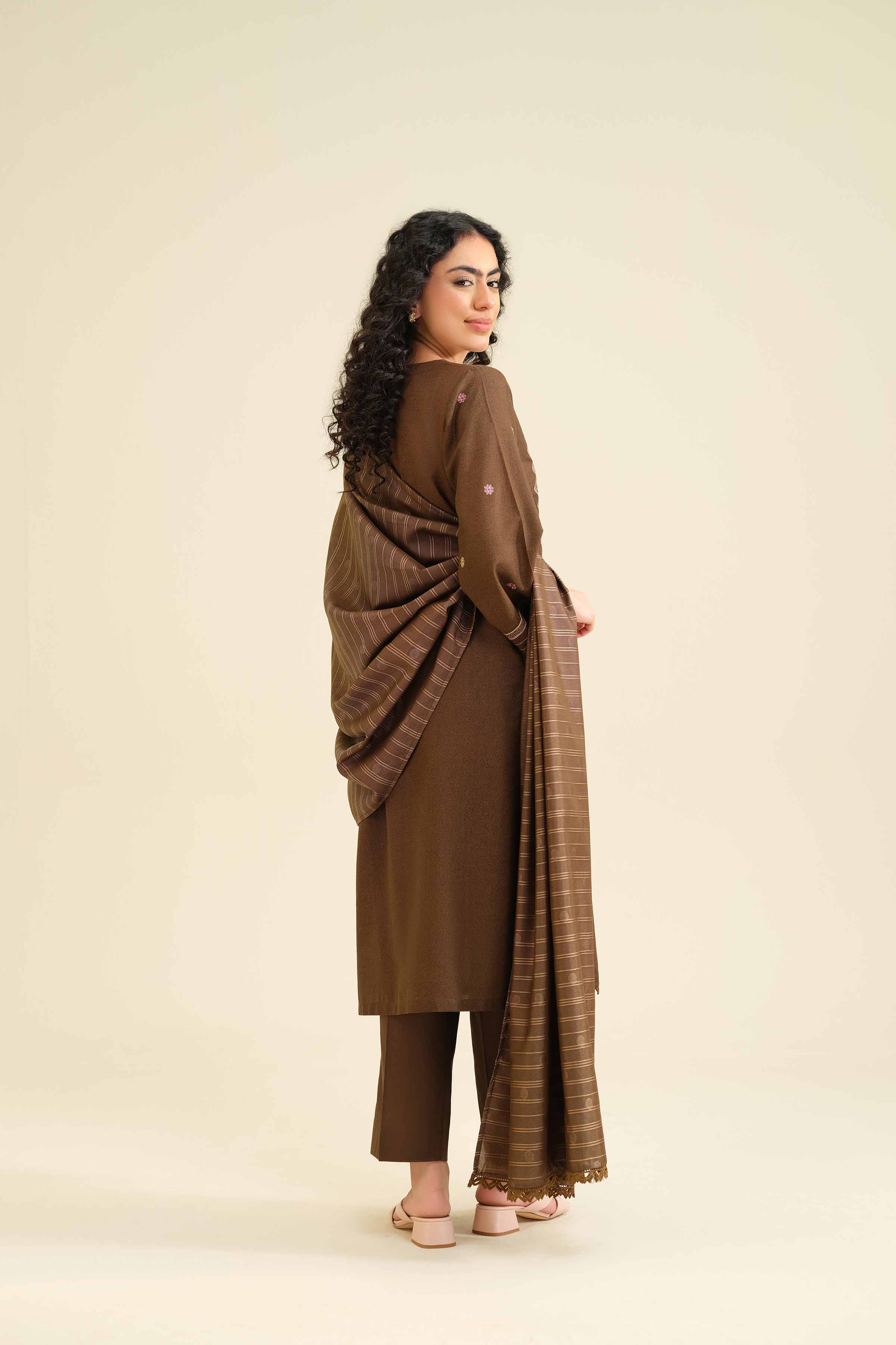 NISHATUAE - Brown Embroidered Karandi 3-piece Ready to wear Suit