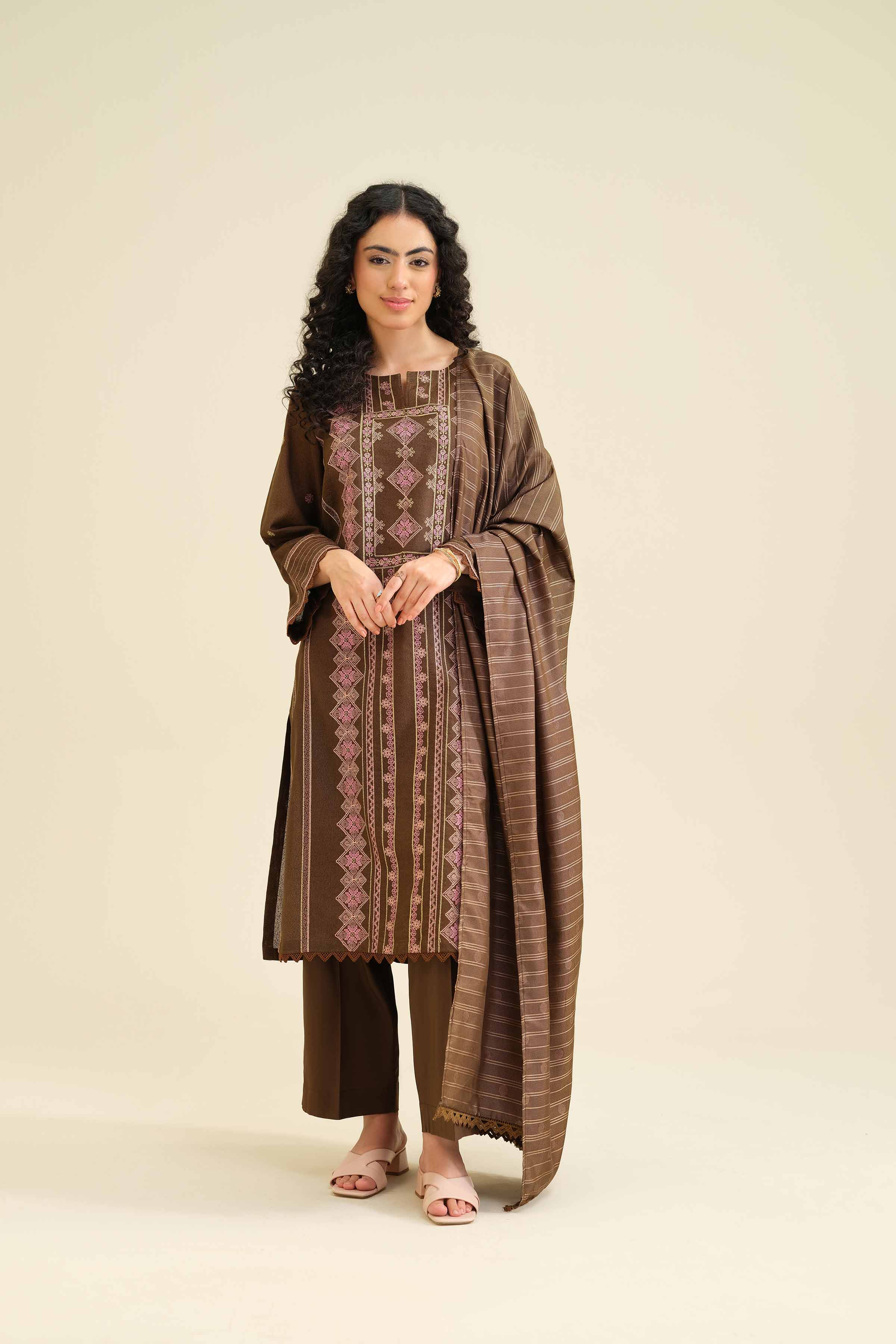 NISHATUAE - Brown Embroidered Karandi 3-piece Ready to wear Suit