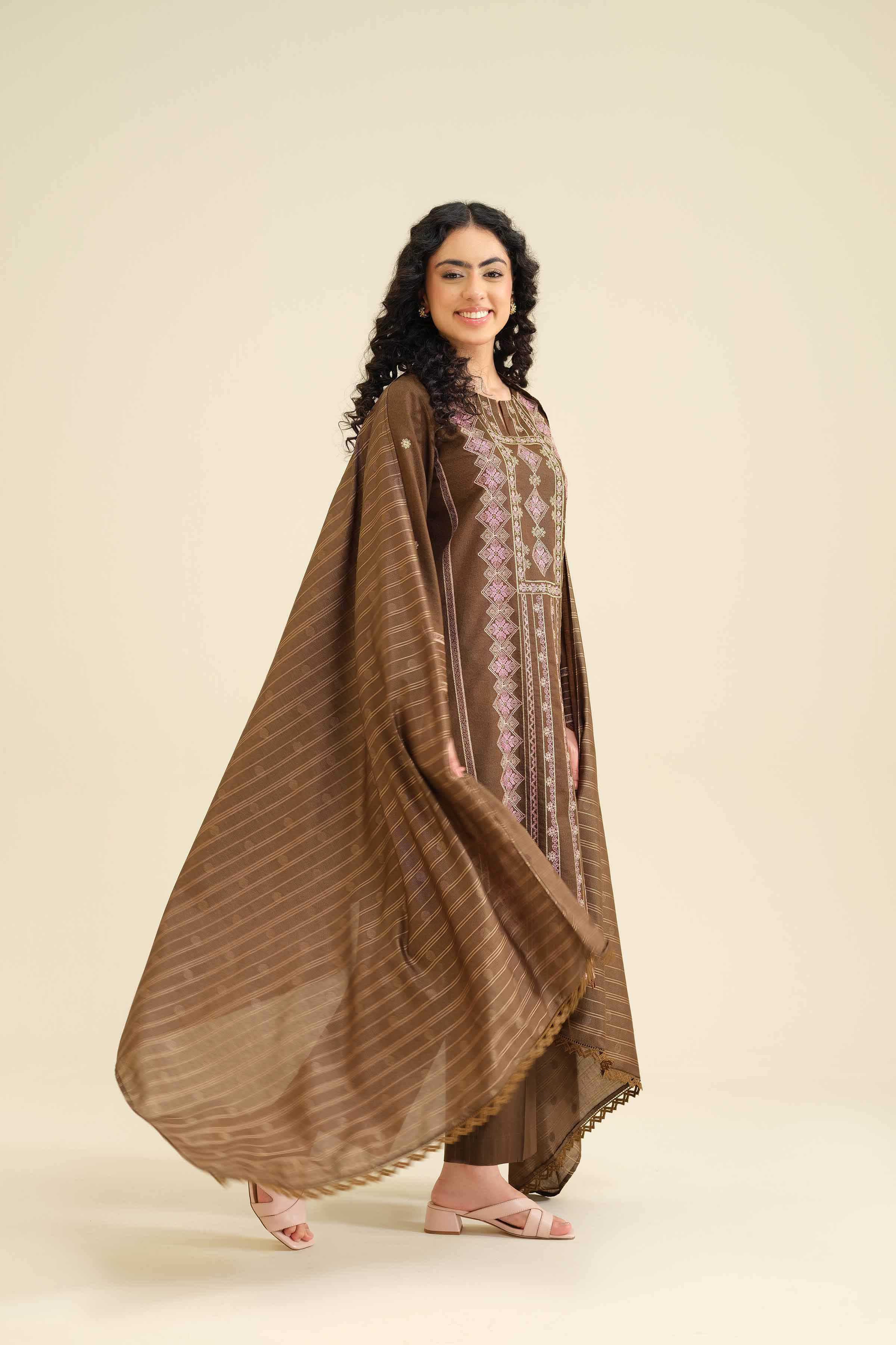 NISHATUAE - Brown Embroidered Karandi 3-piece Ready to wear Suit