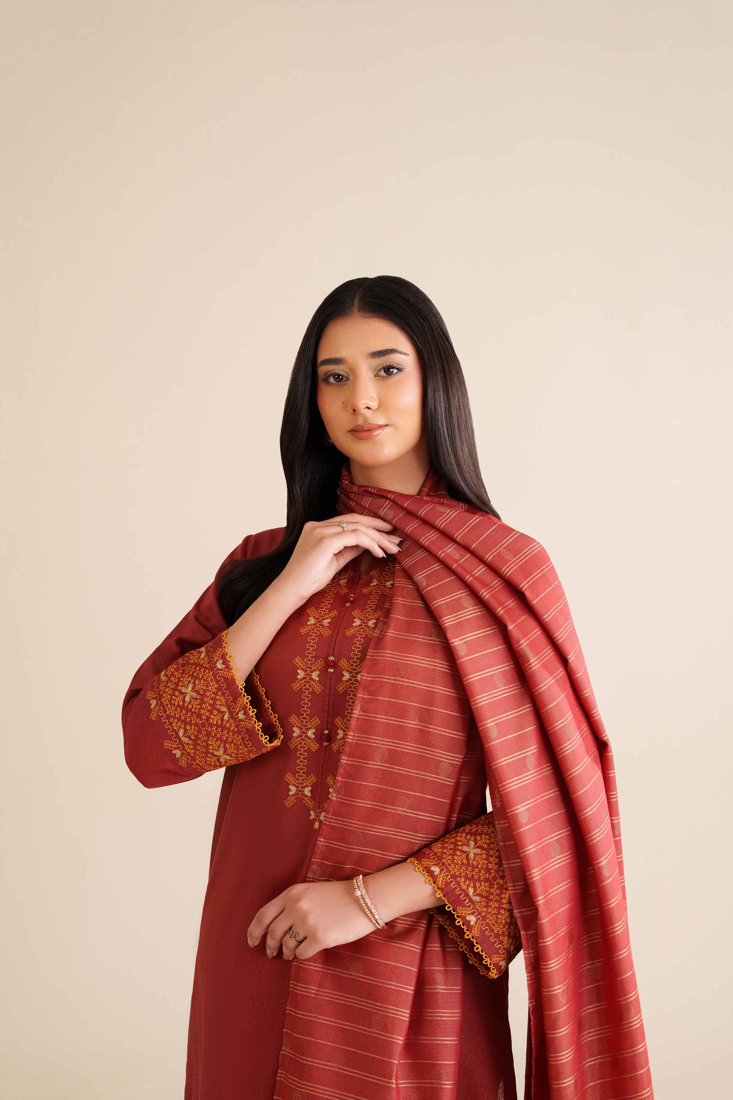 NISHATUAE - Red Embroidered Karandi 3-piece Ready to wear Suit