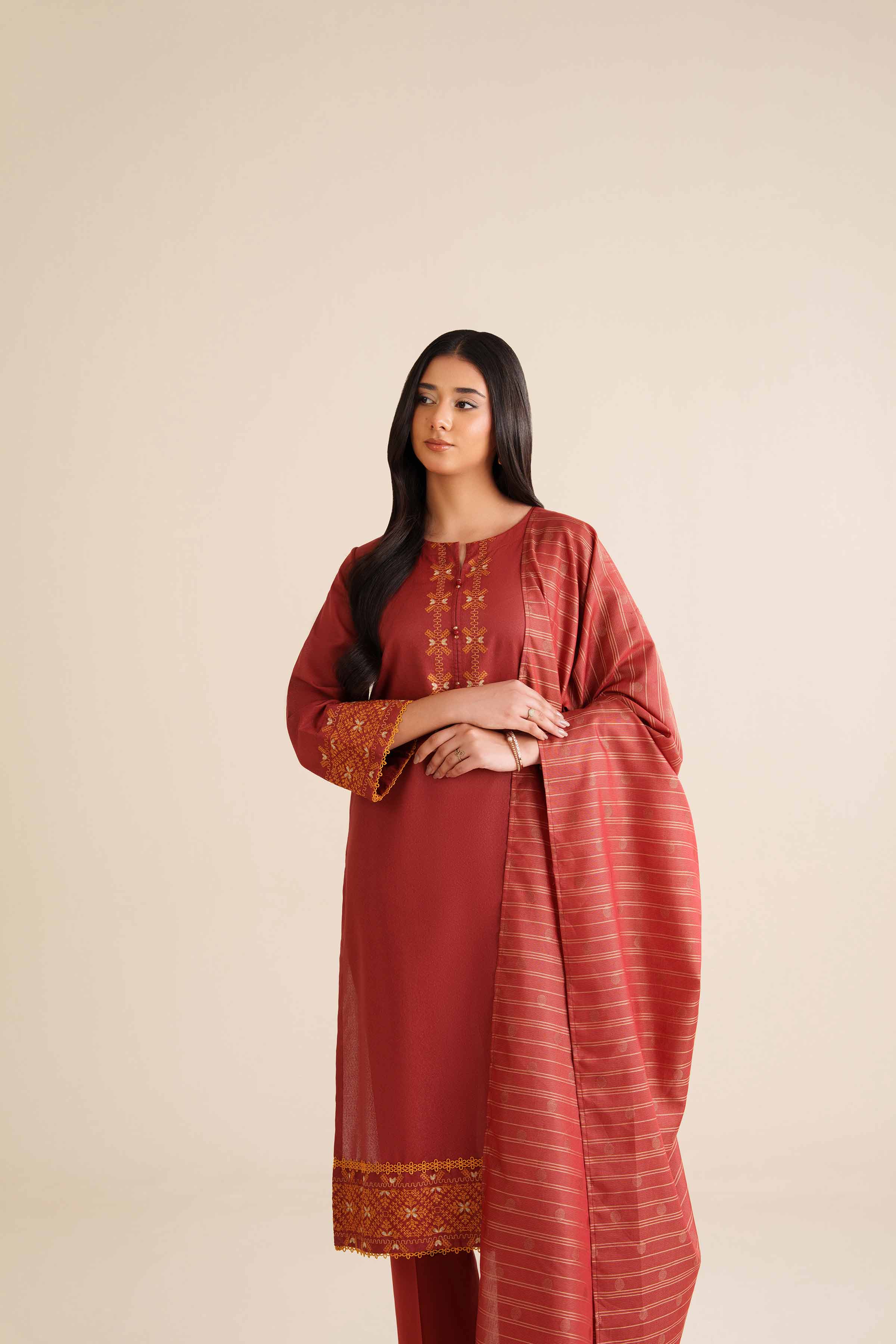 NISHATUAE - Red Embroidered Karandi 3-piece Ready to wear Suit