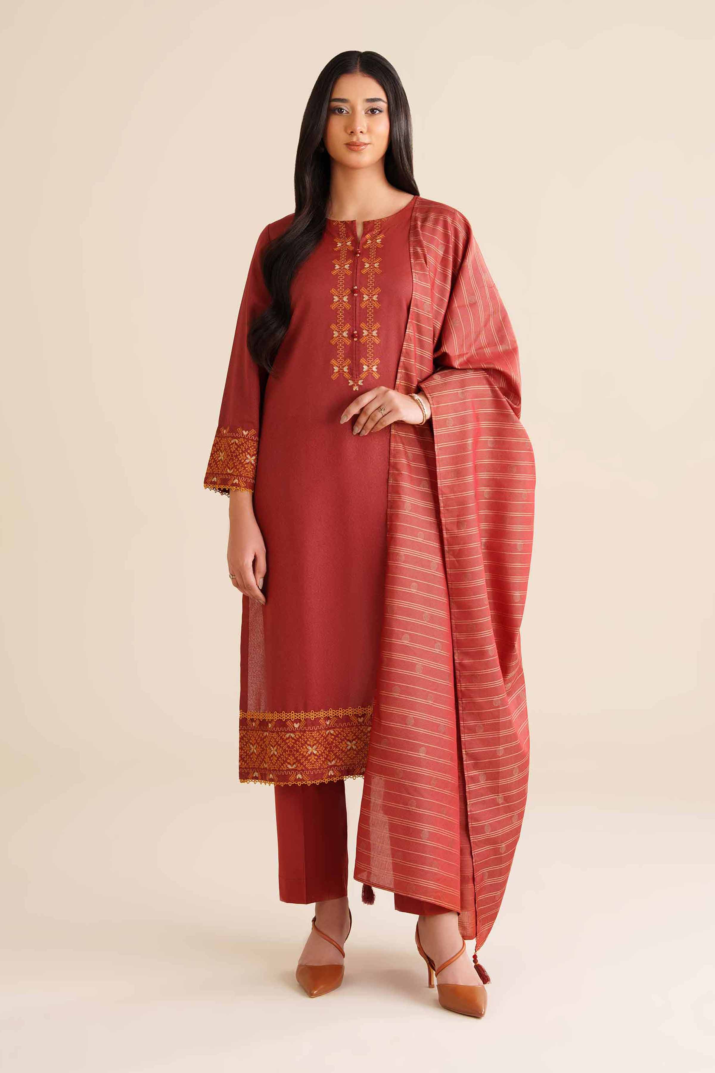NISHATUAE - Red Embroidered Karandi 3-piece Ready to wear Suit