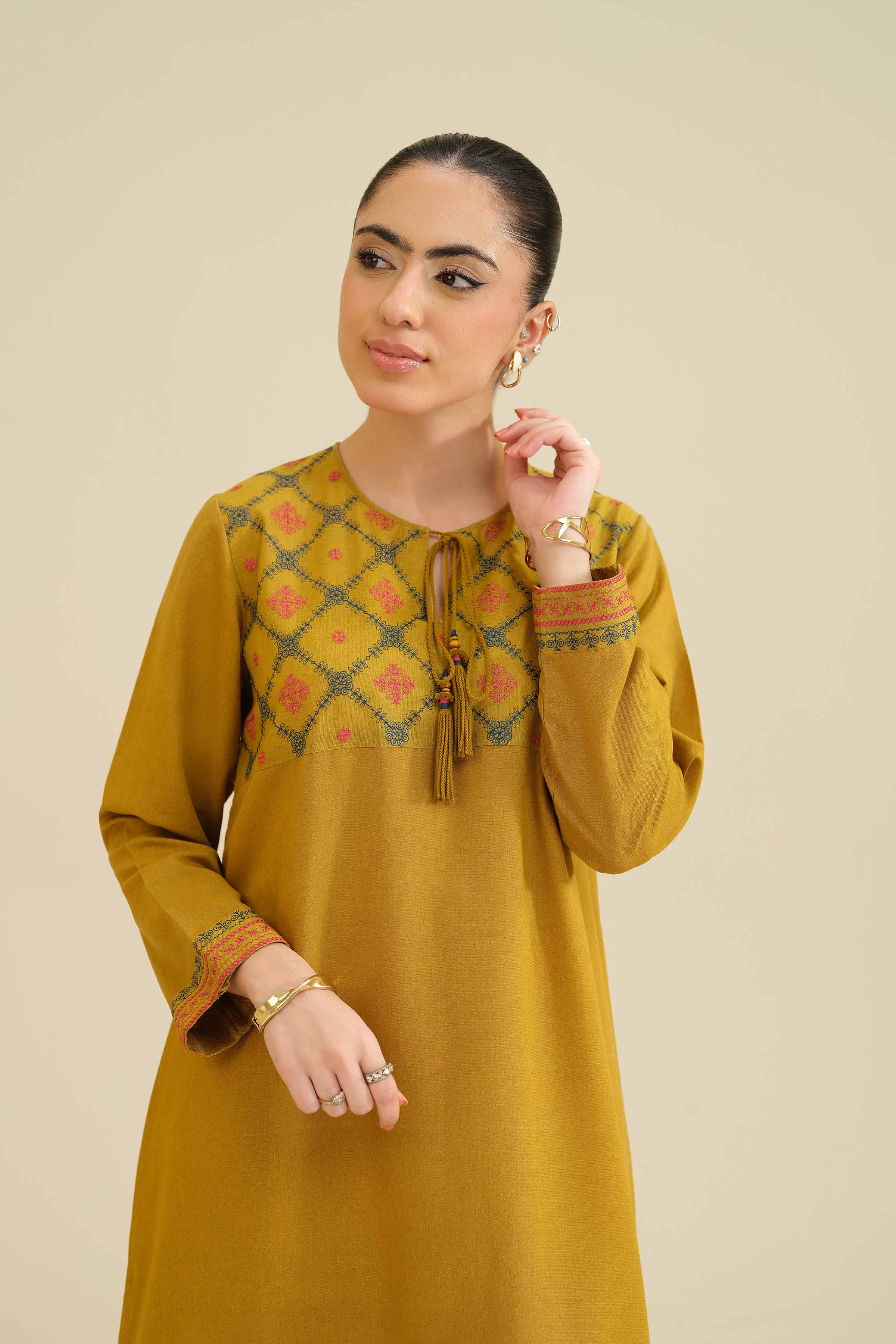 NISHATUAE - Mustard Embroidered Karandi Ready to wear Dress