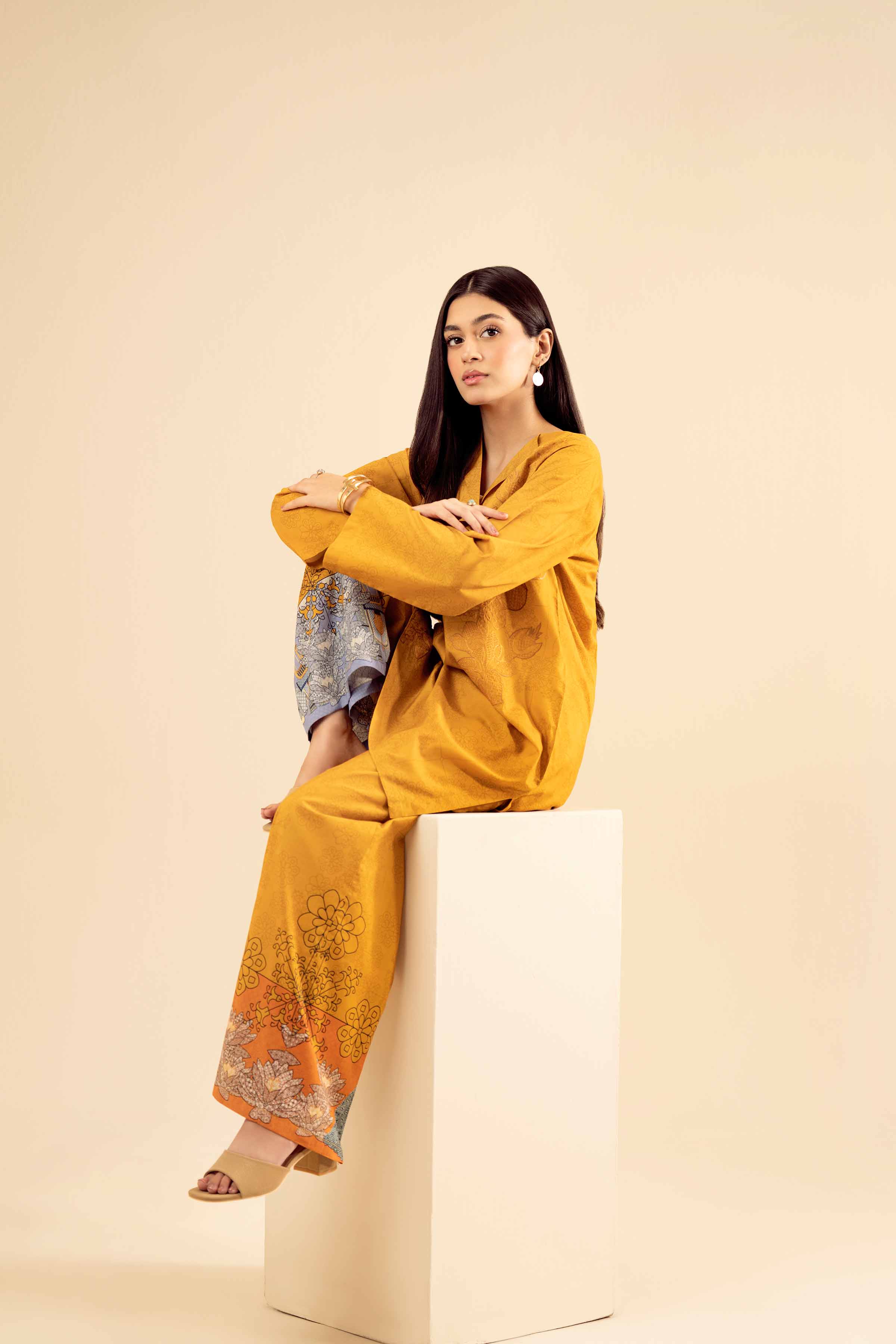 NISHATUAE - Mustard Embroidered Cambric 2-piece Ready to wear Dress