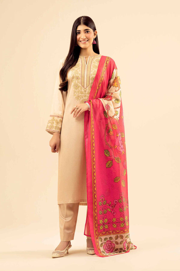 NISHATUAE - Beige Embroidered Silk 3-piece Ready to wear Suit