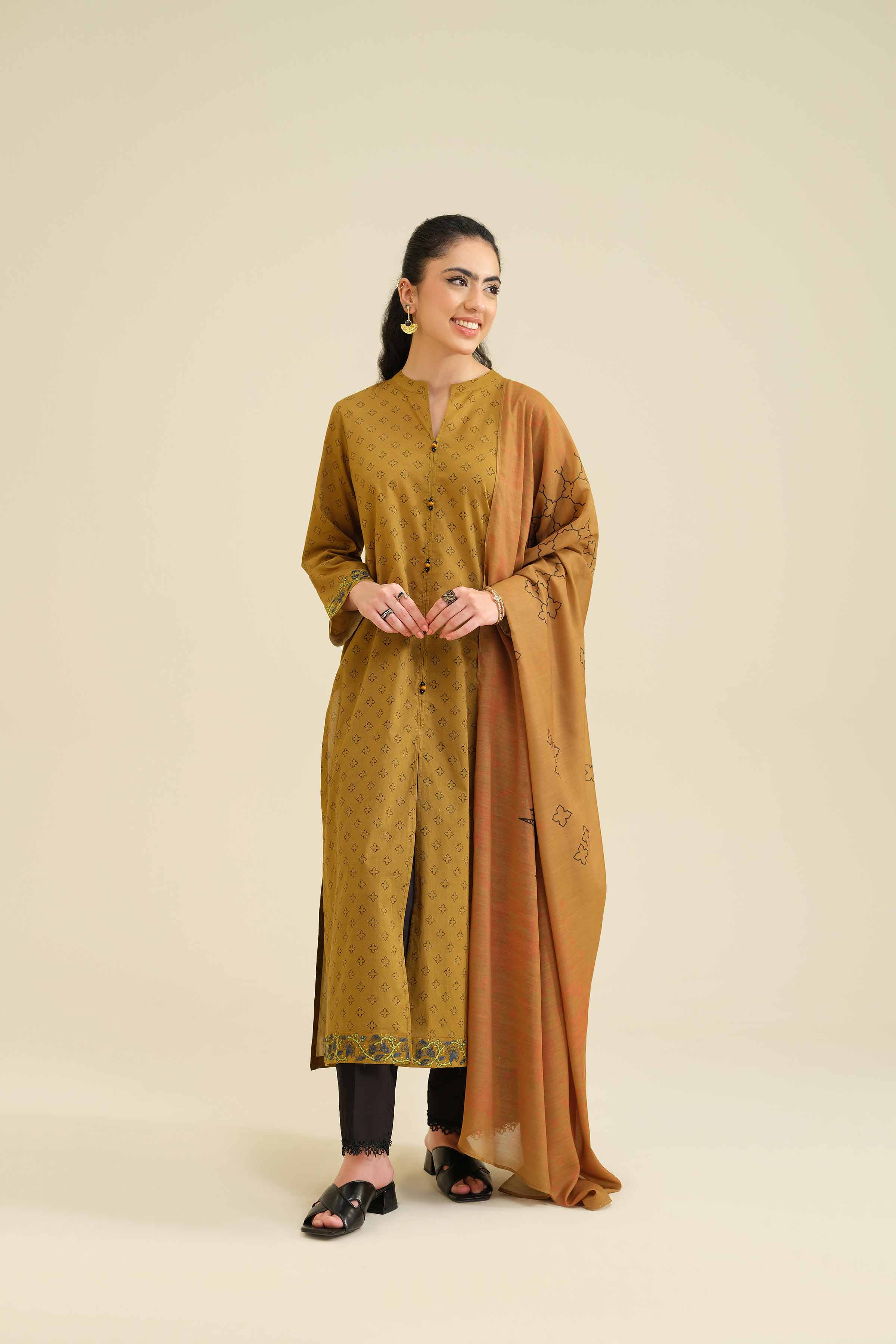 NISHATUAE - Brown Embroidered Cambric 2-piece Ready to wear Dress