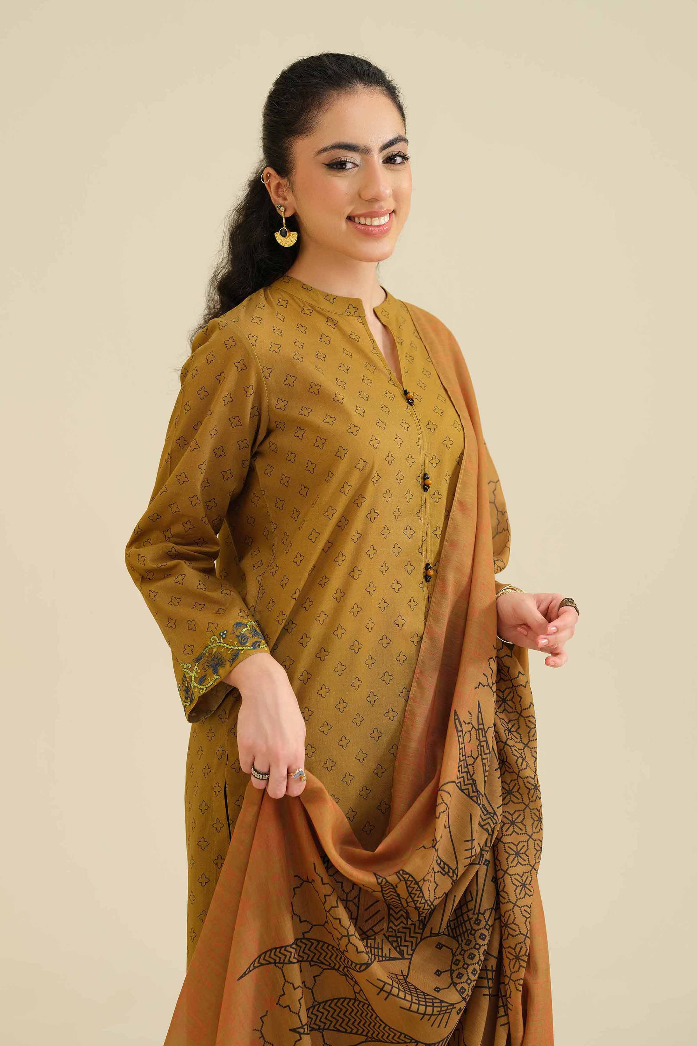 NISHATUAE - Brown Embroidered Cambric 2-piece Ready to wear Dress