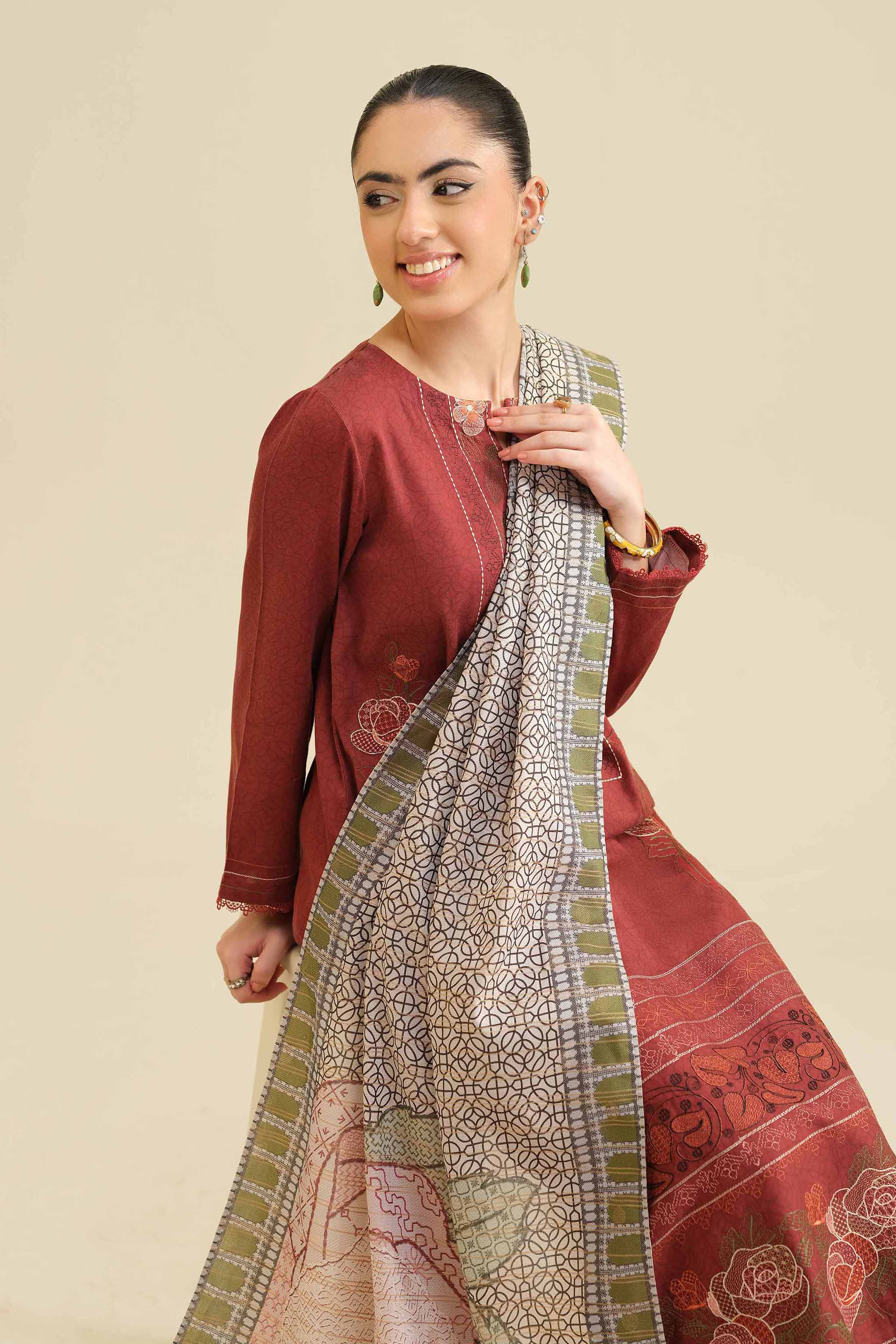 NISHATUAE - Maroon Embroidered Satin 2-piece Ready to wear Dress