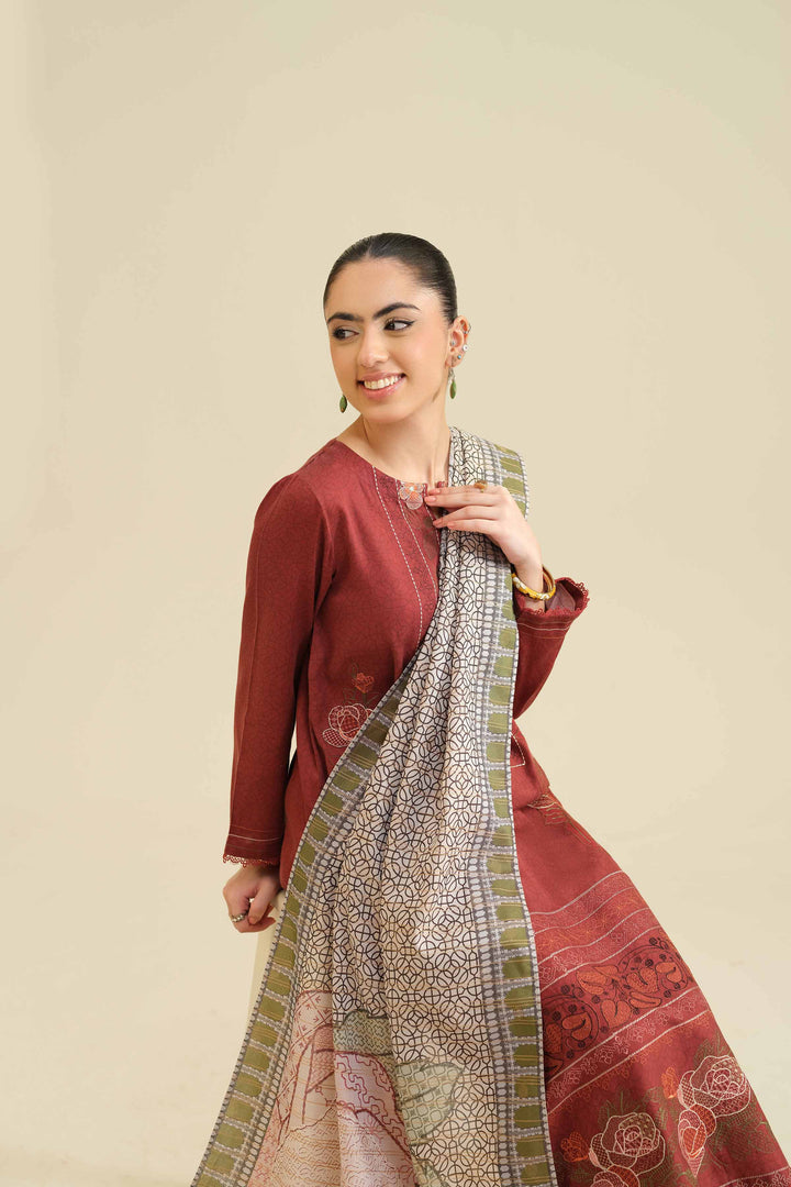 NISHATUAE - Maroon Embroidered Satin 2-piece Ready to wear Dress