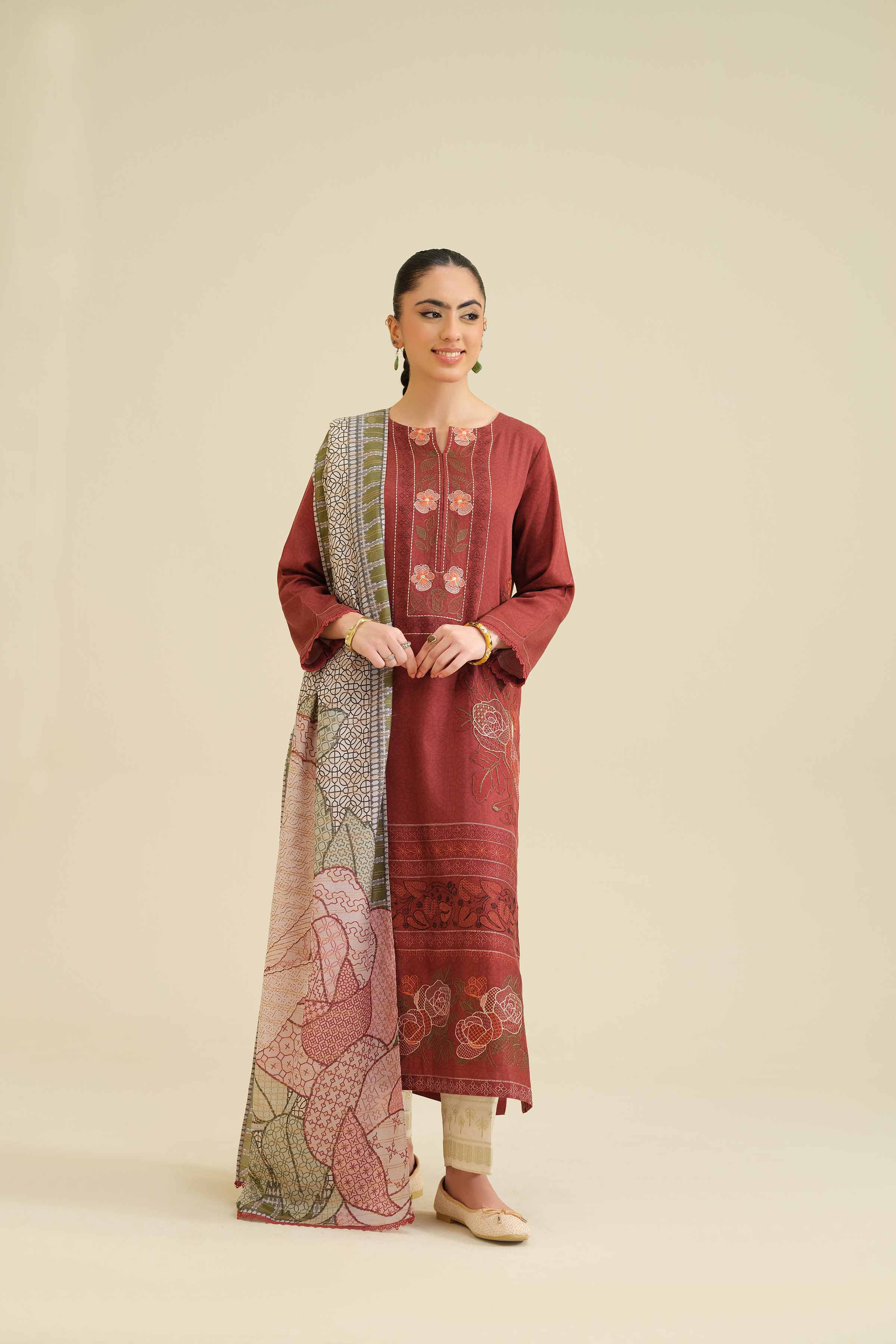 NISHATUAE - Maroon Embroidered Satin 2-piece Ready to wear Dress