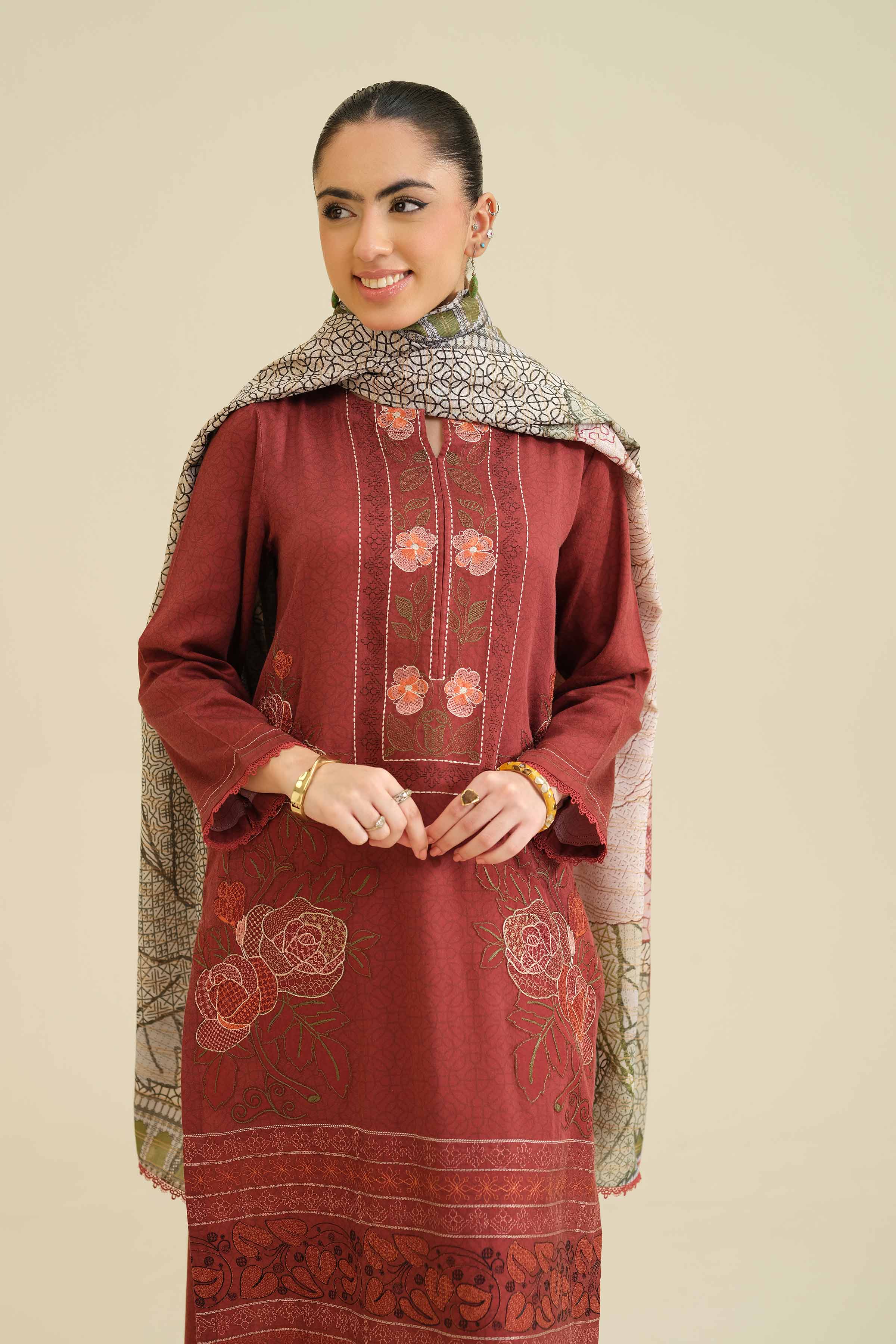 NISHATUAE - Maroon Embroidered Satin 2-piece Ready to wear Dress