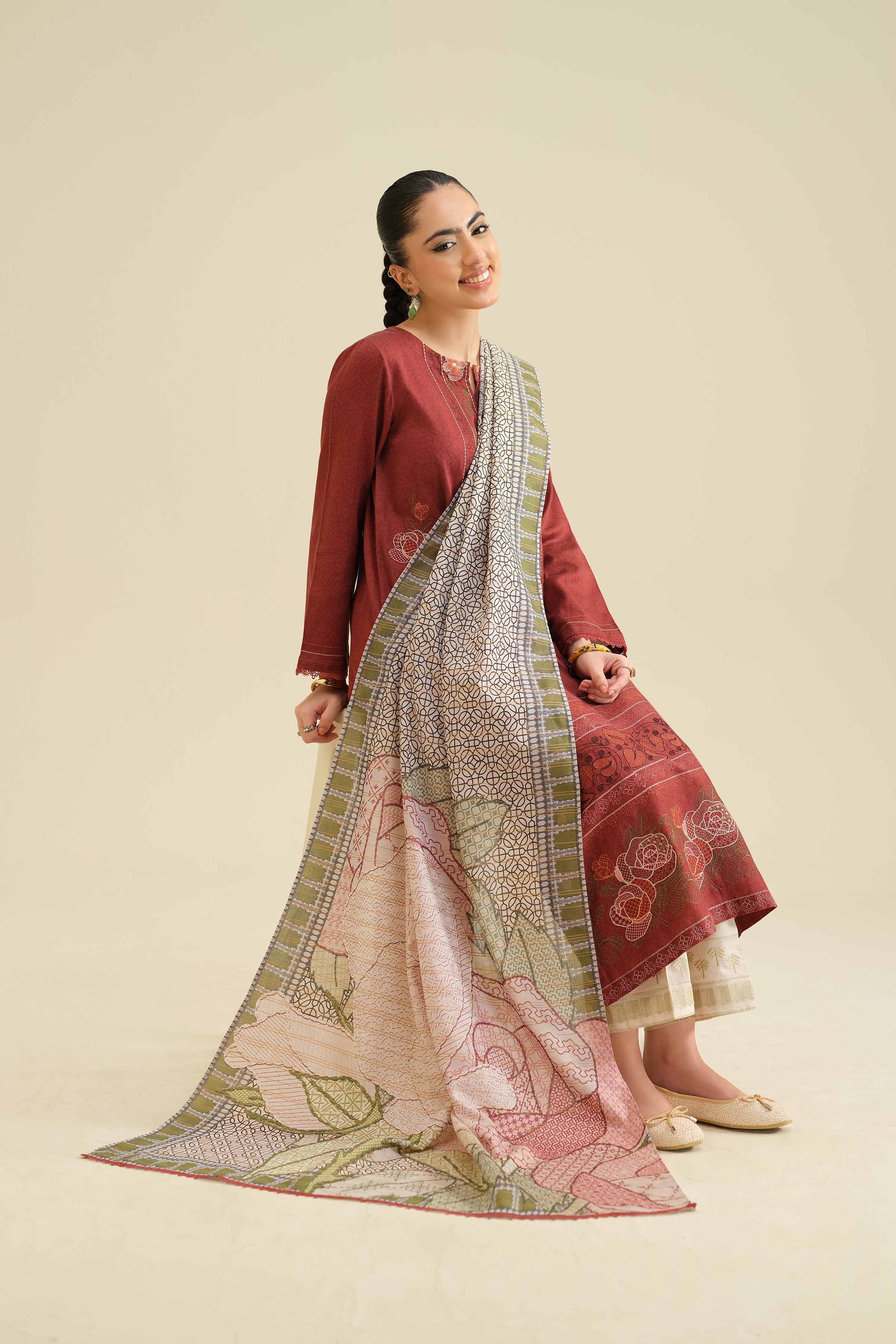 NISHATUAE - Maroon Embroidered Satin 2-piece Ready to wear Dress