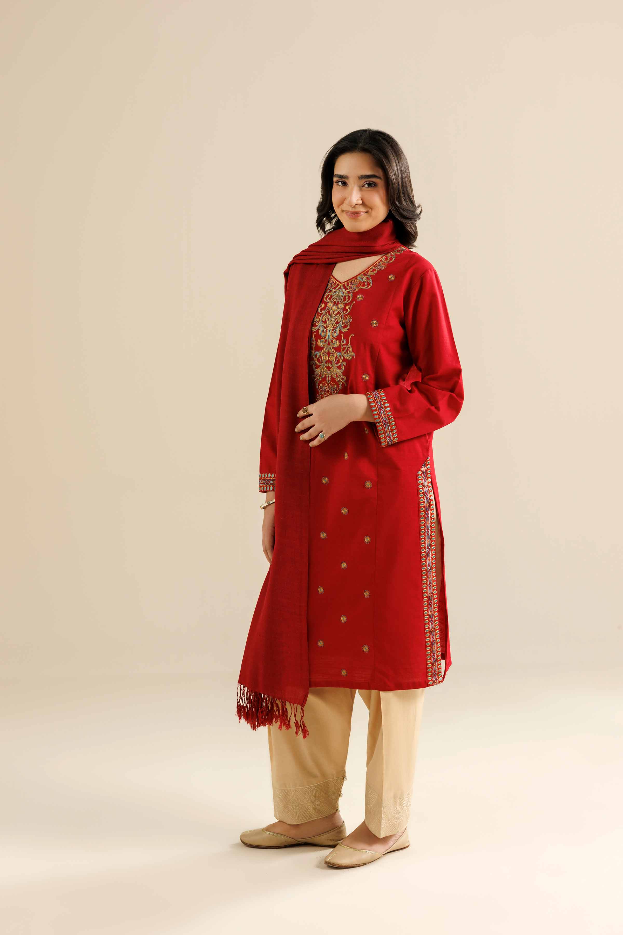 NISHATUAE - Red Embroidered Khaddar 2-piece Ready to wear Dress
