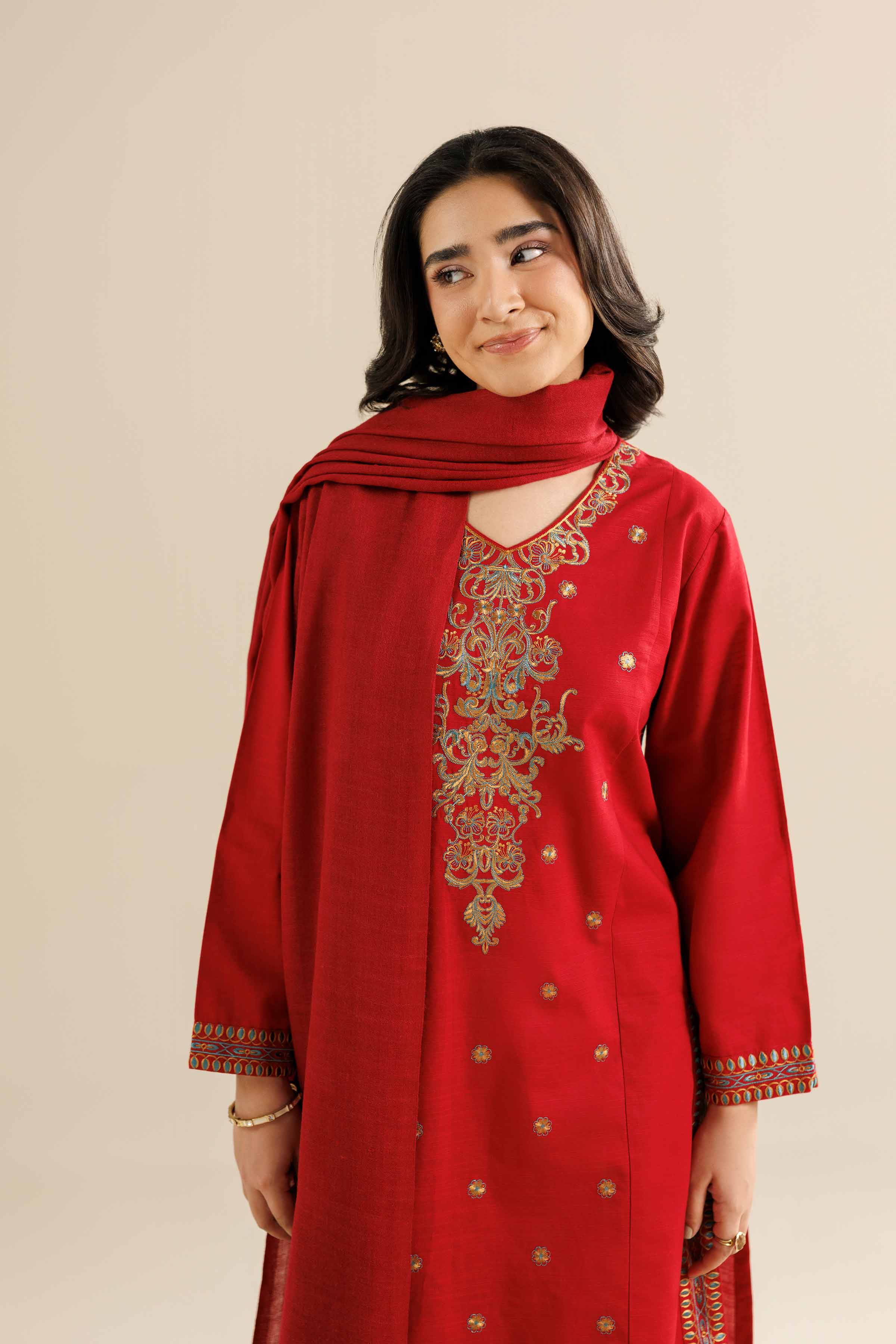 NISHATUAE - Red Embroidered Khaddar 2-piece Ready to wear Dress
