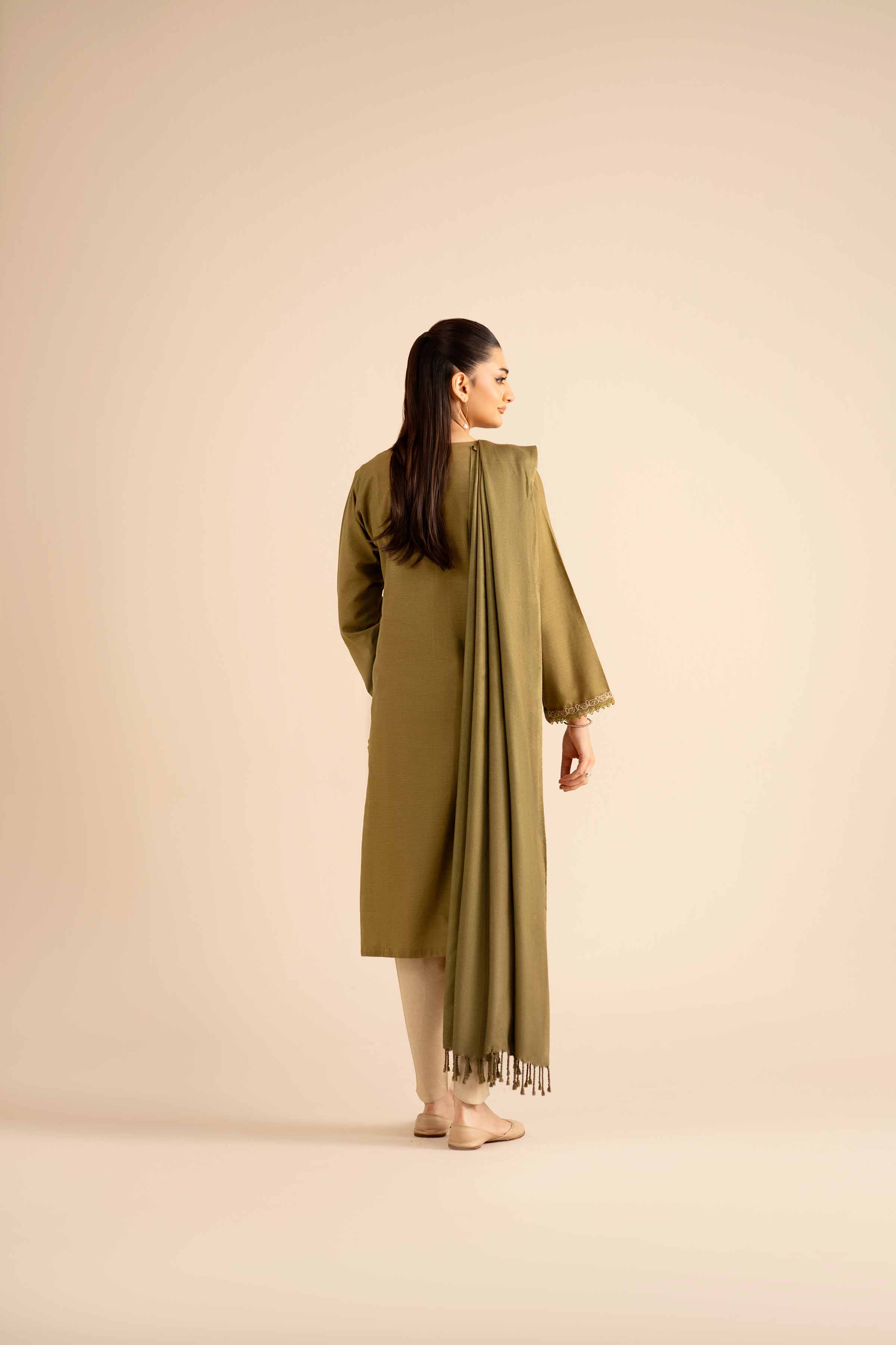 NISHATUAE - Olive Embroidered Khaddar 2-piece Ready to wear Dress