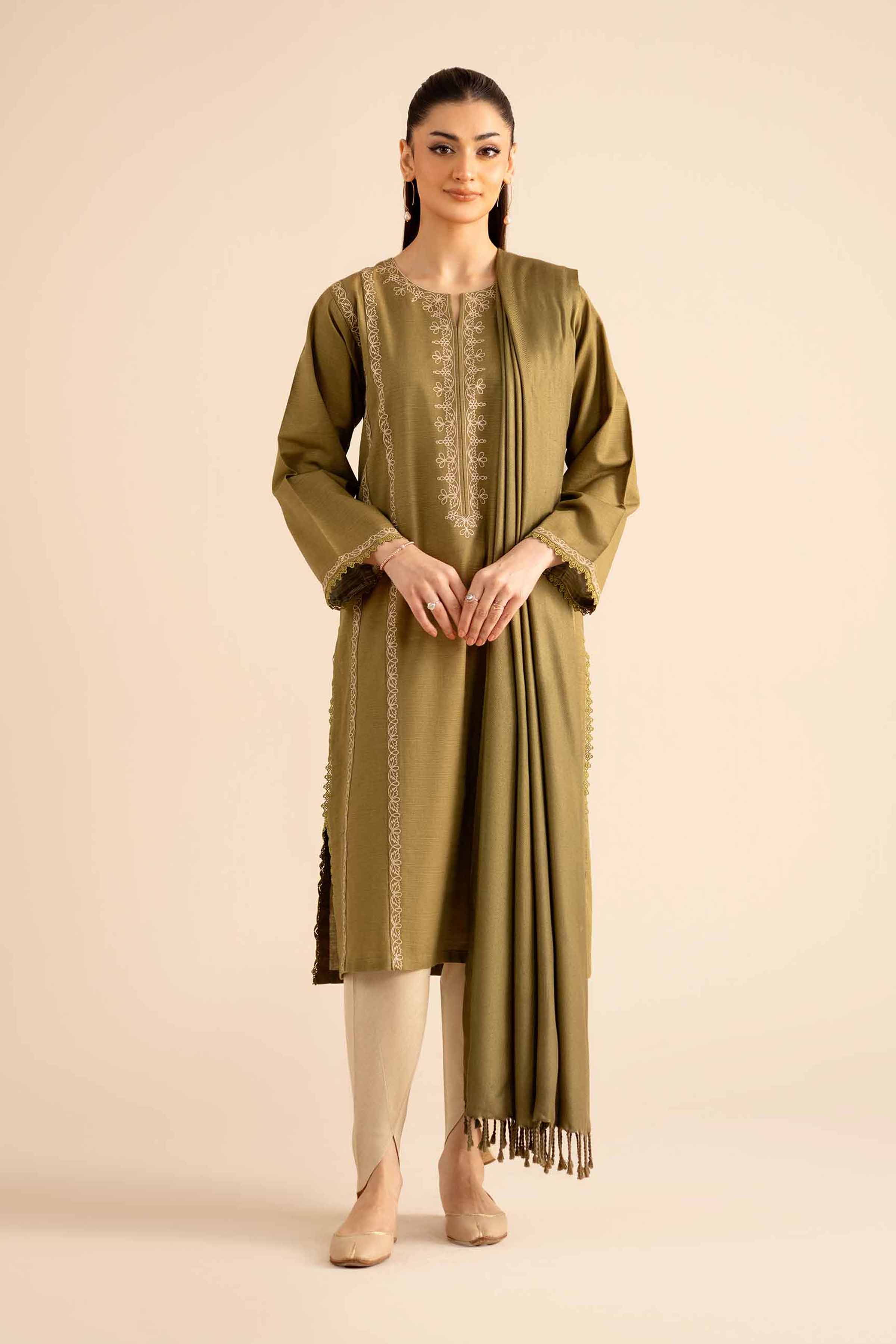 NISHATUAE - Olive Embroidered Khaddar 2-piece Ready to wear Dress