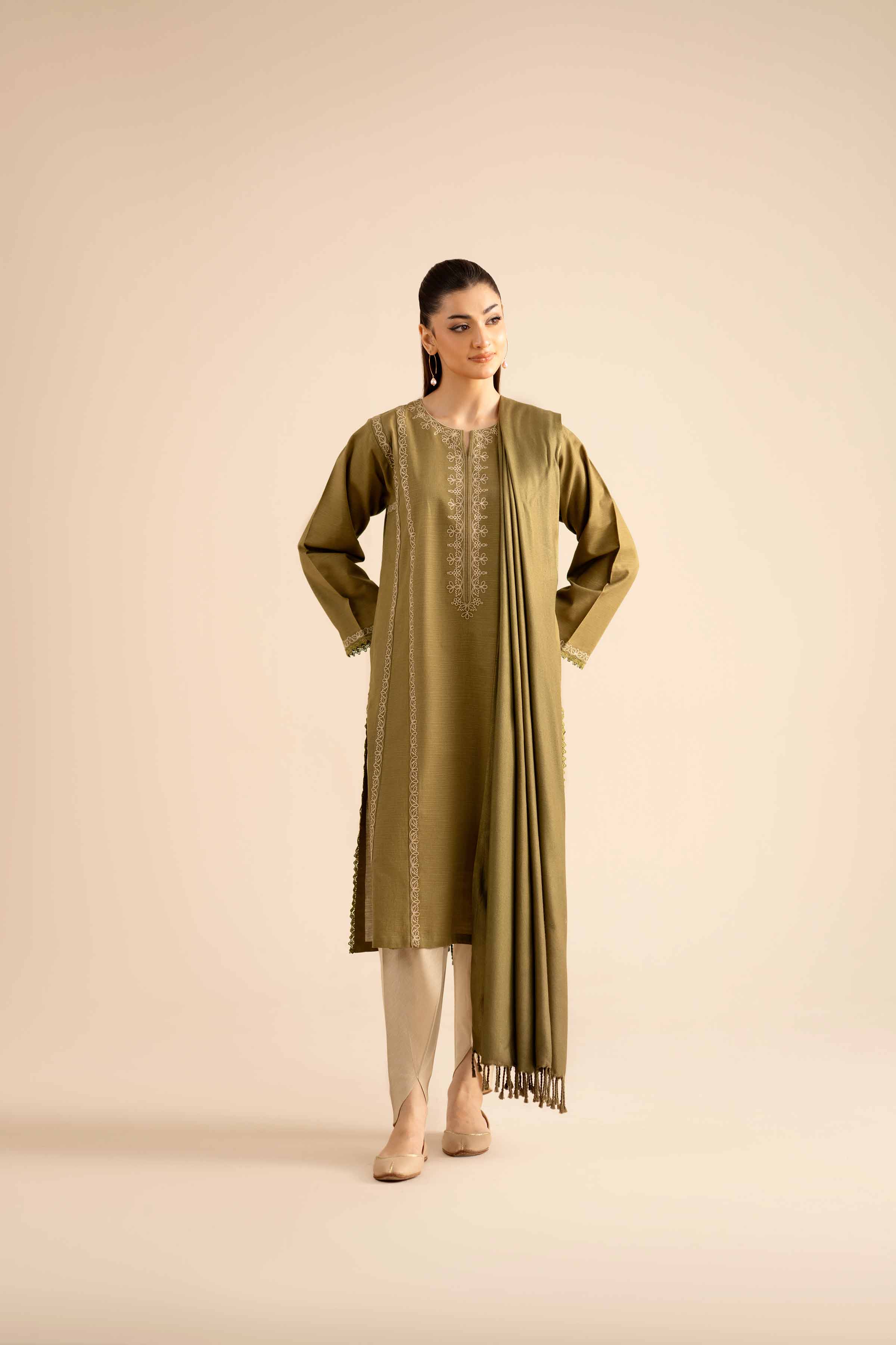 NISHATUAE - Olive Embroidered Khaddar 2-piece Ready to wear Dress