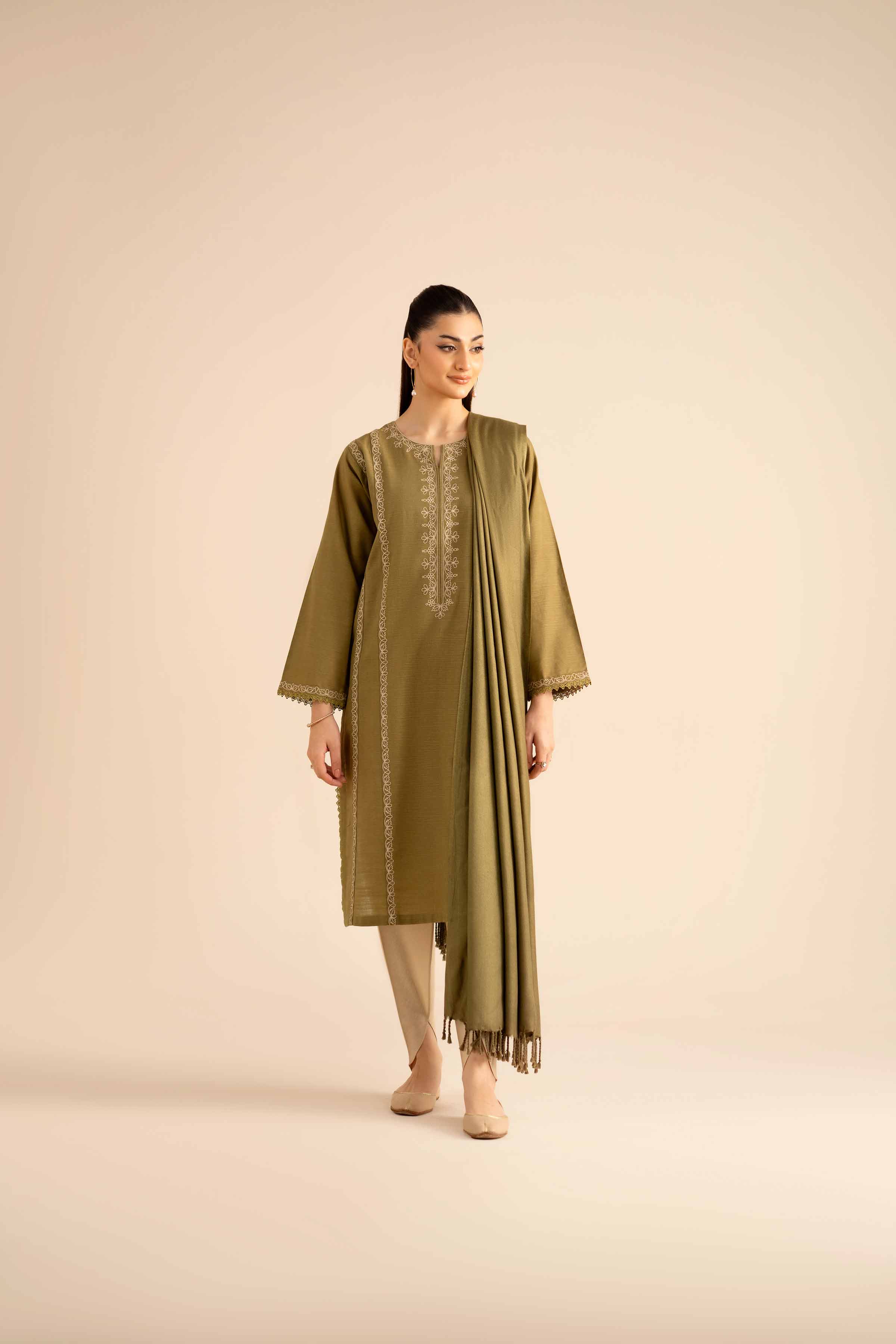 NISHATUAE - Olive Embroidered Khaddar 2-piece Ready to wear Dress