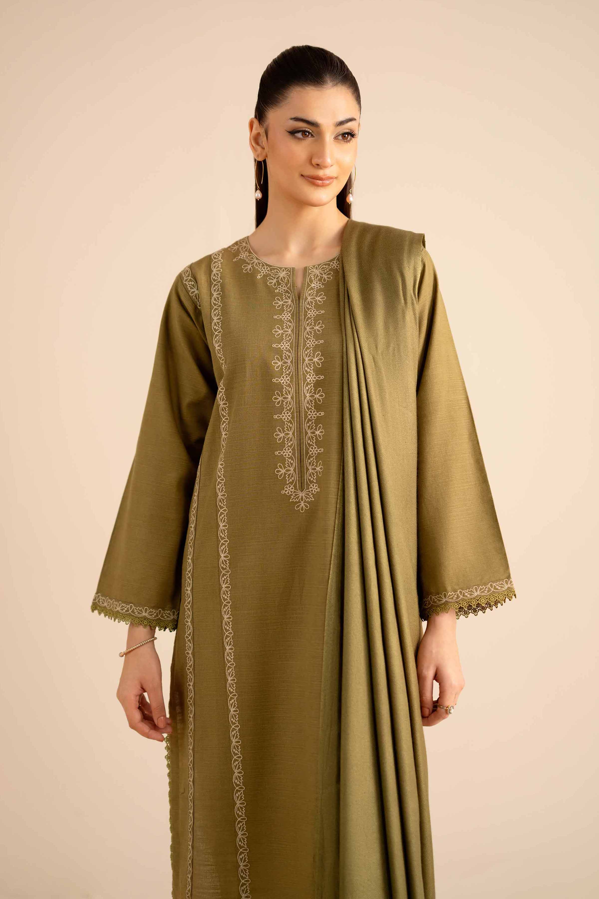 NISHATUAE - Olive Embroidered Khaddar 2-piece Ready to wear Dress