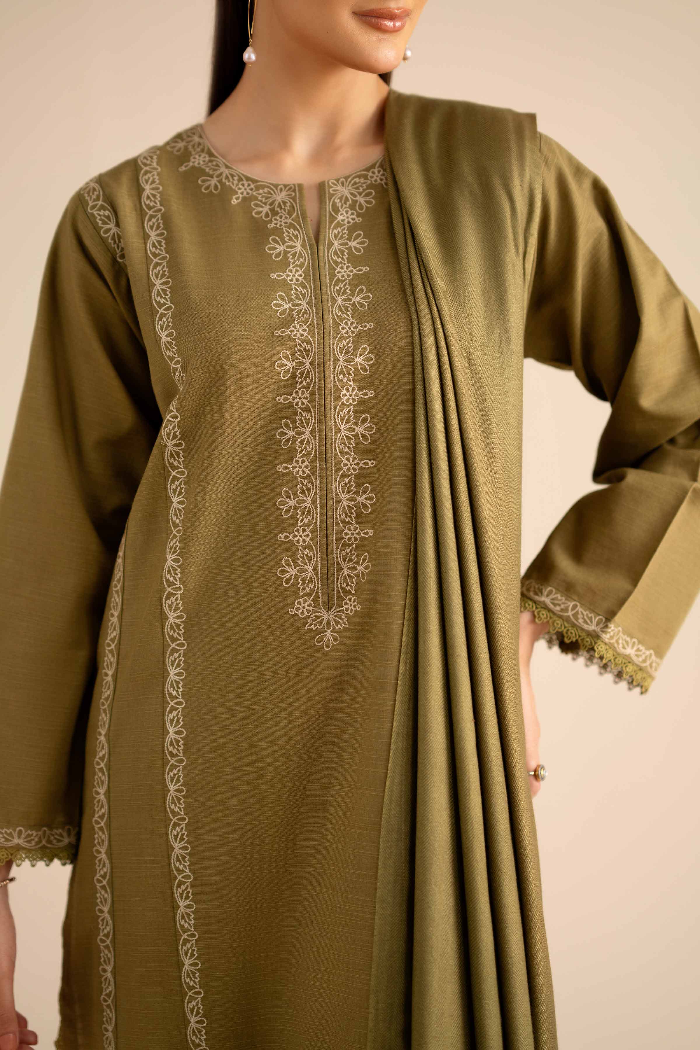 NISHATUAE - Olive Embroidered Khaddar 2-piece Ready to wear Dress