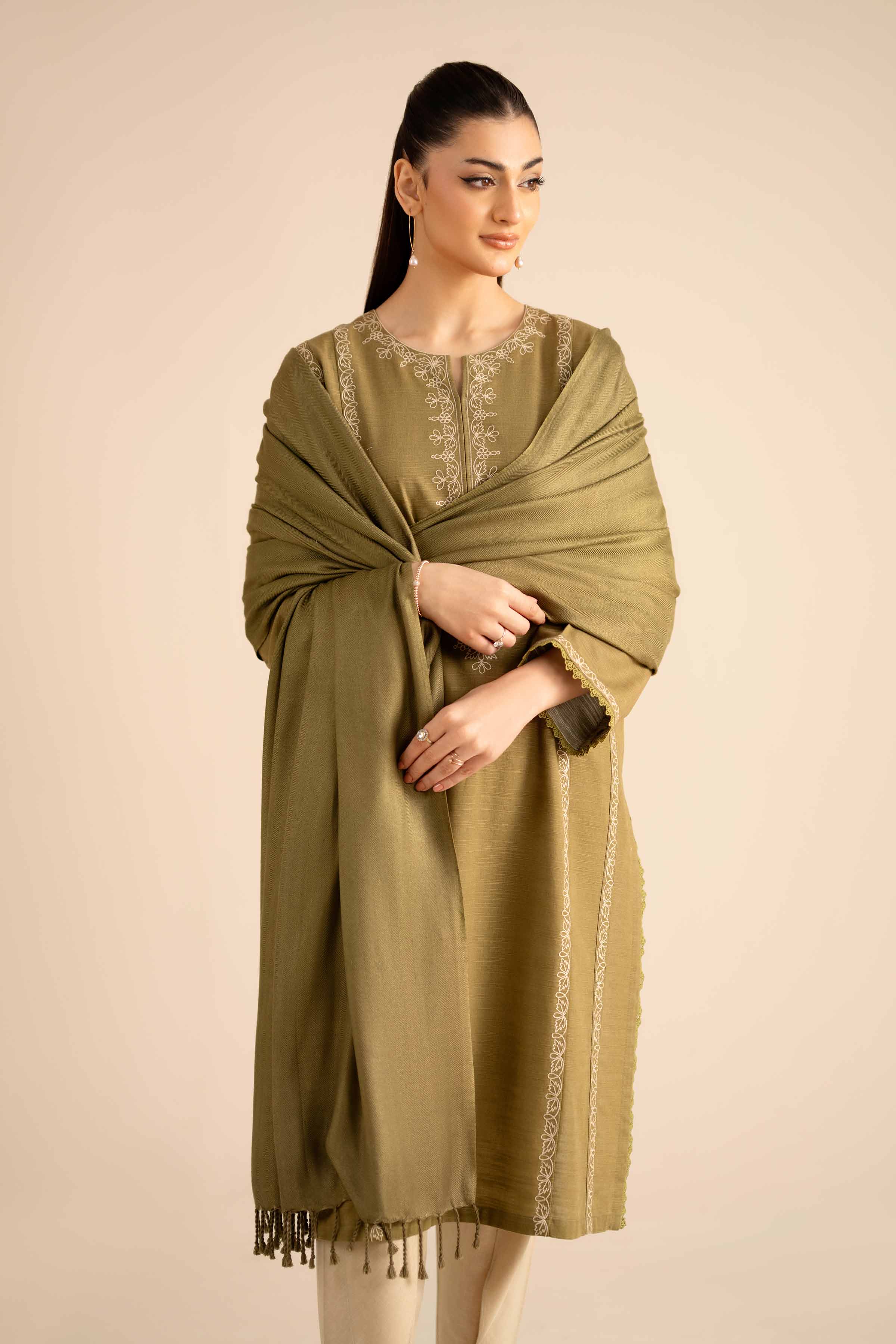 NISHATUAE - Olive Embroidered Khaddar 2-piece Ready to wear Dress