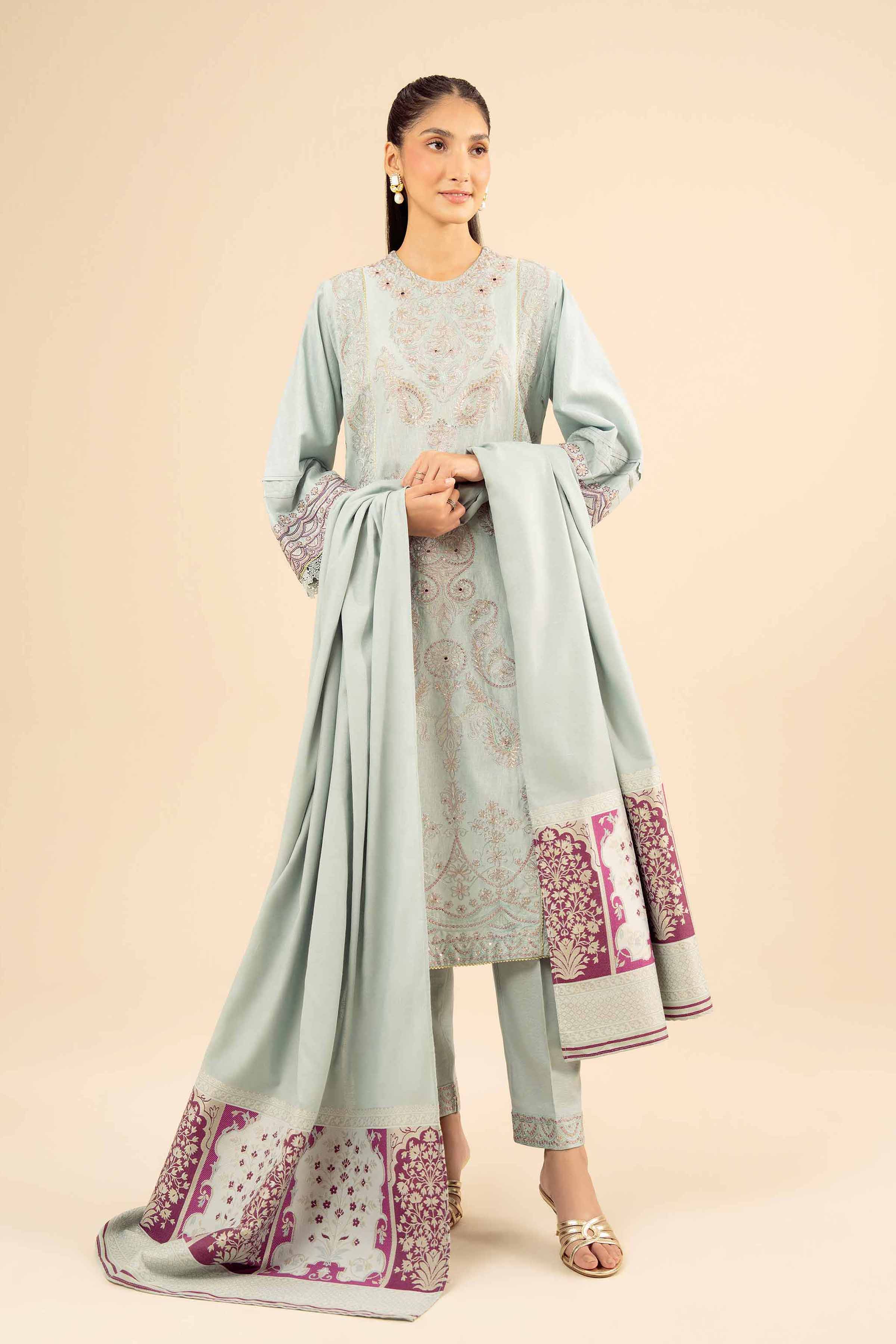 NISHATUAE - Blue Embroidered Karandi 3-piece Ready to wear Suit