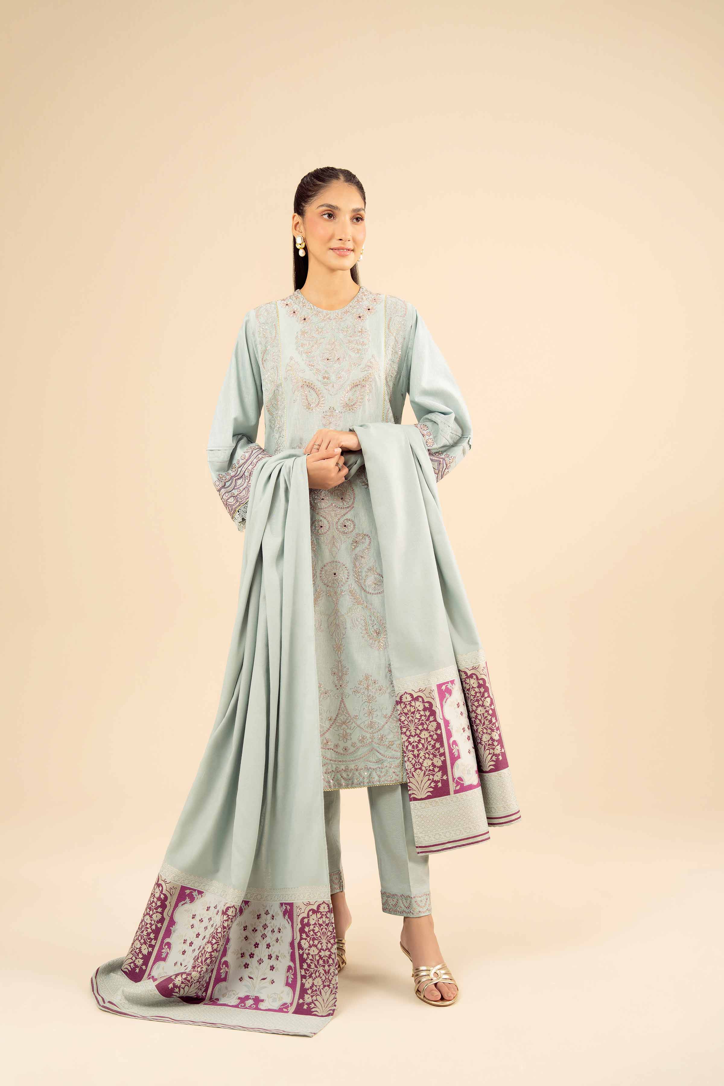 NISHATUAE - Blue Embroidered Karandi 3-piece Ready to wear Suit