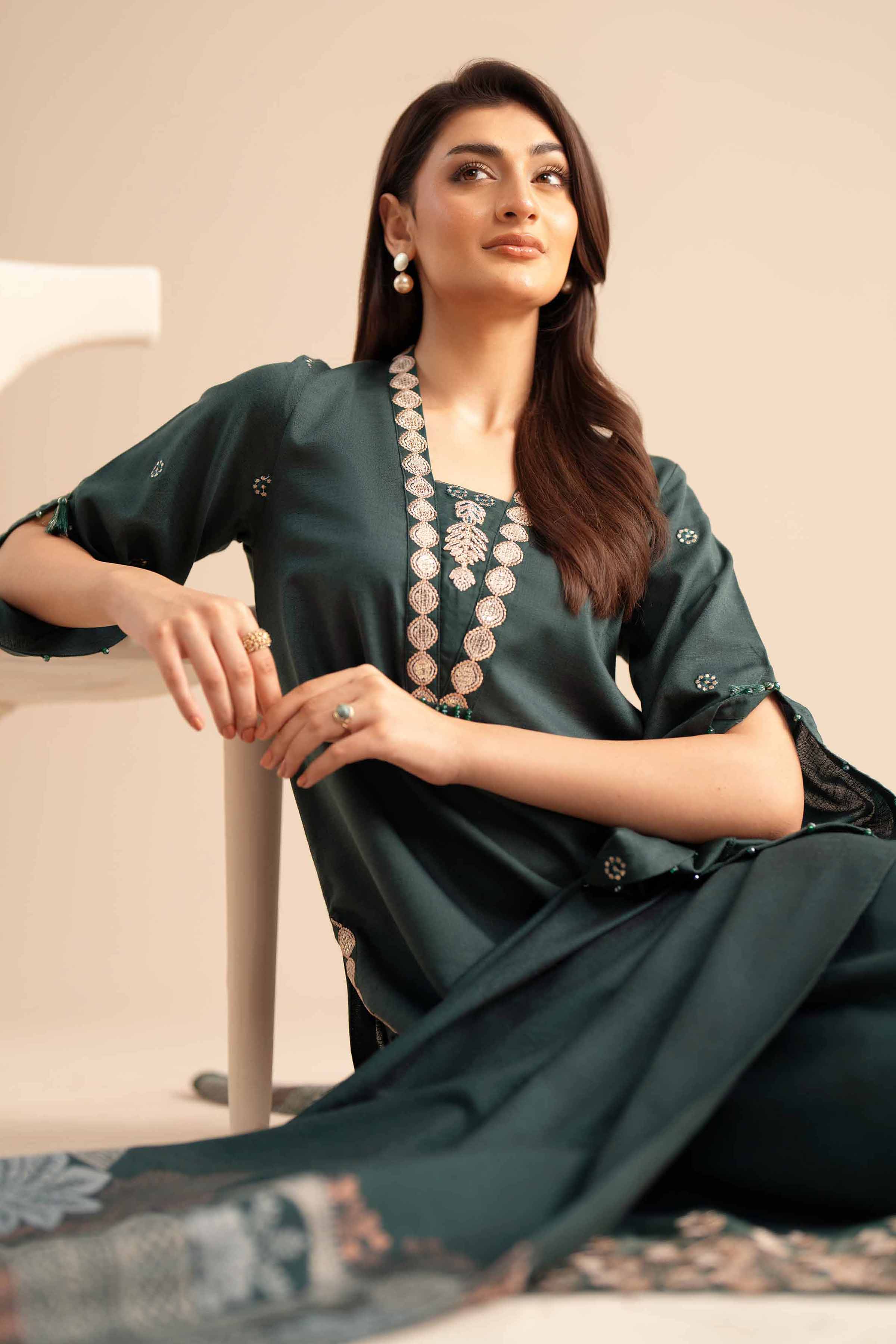 NISHATUAE - Green Embroidered Karandi 3-piece Ready to wear Suit
