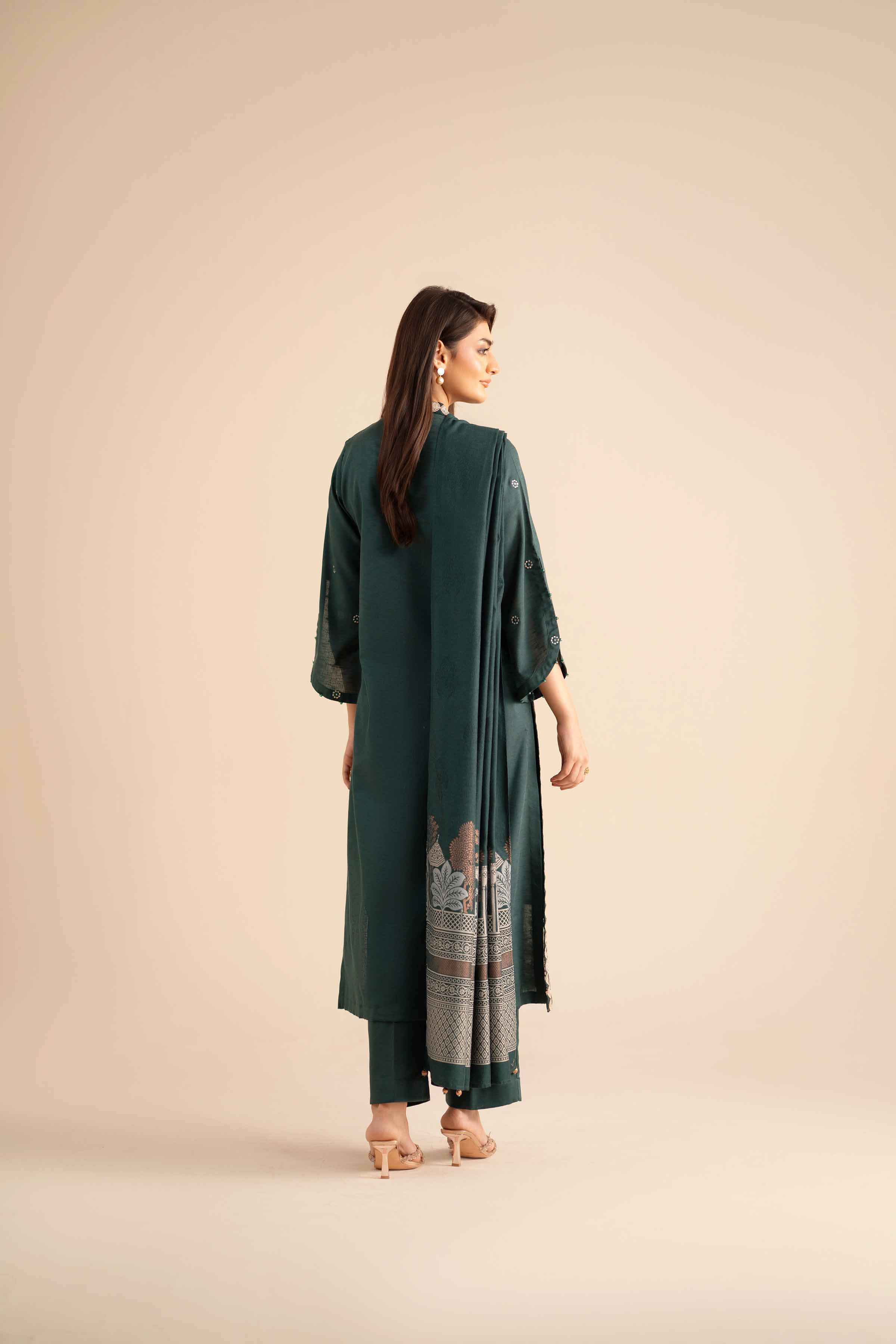 NISHATUAE - Green Embroidered Karandi 3-piece Ready to wear Suit