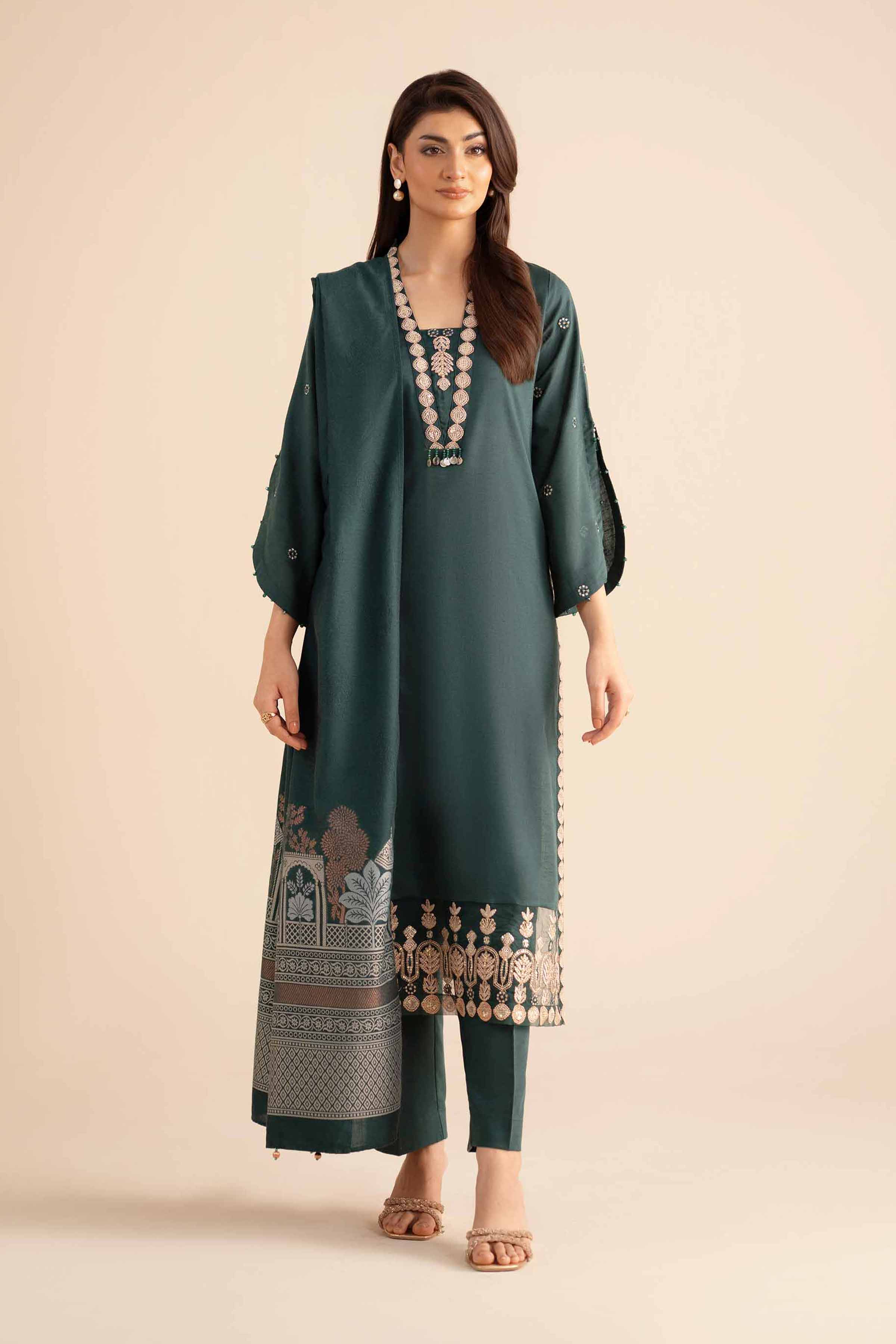 NISHATUAE - Green Embroidered Karandi 3-piece Ready to wear Suit