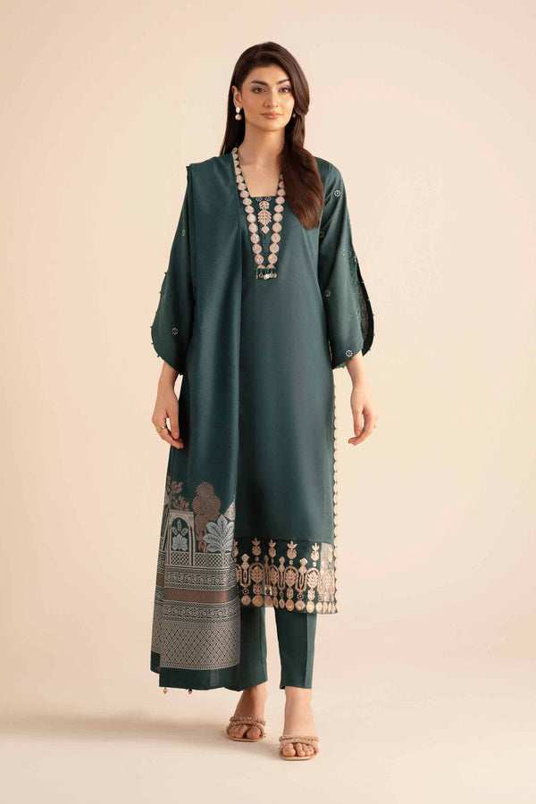 NISHATUAE - Green Embroidered Karandi 3-piece Ready to wear Suit