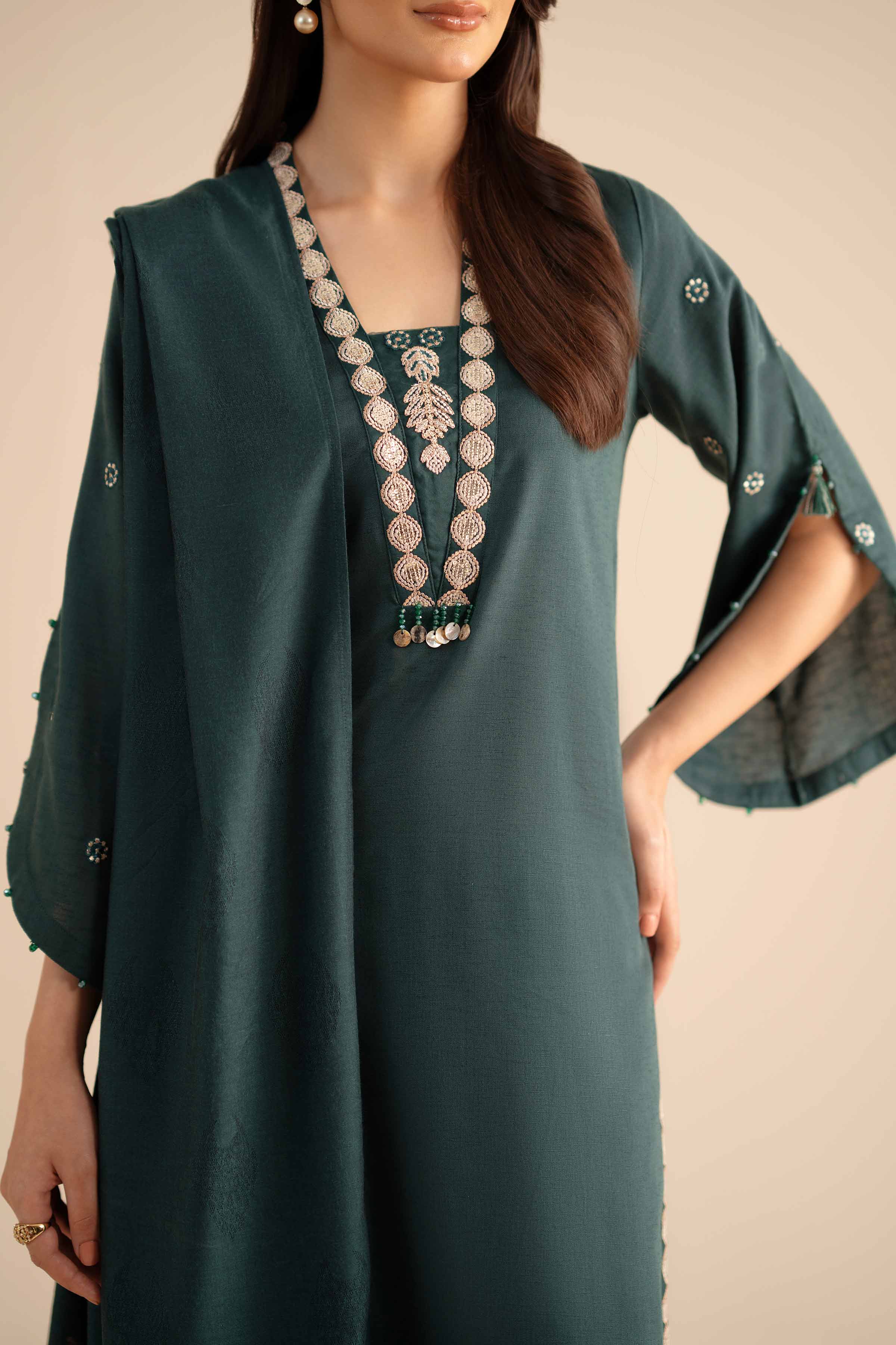 NISHATUAE - Green Embroidered Karandi 3-piece Ready to wear Suit